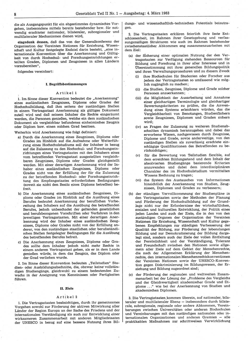 Gesetzblatt (GBl.) der Deutschen Demokratischen Republik (DDR) Teil ⅠⅠ 1983, Seite 8 (GBl. DDR ⅠⅠ 1983, S. 8)