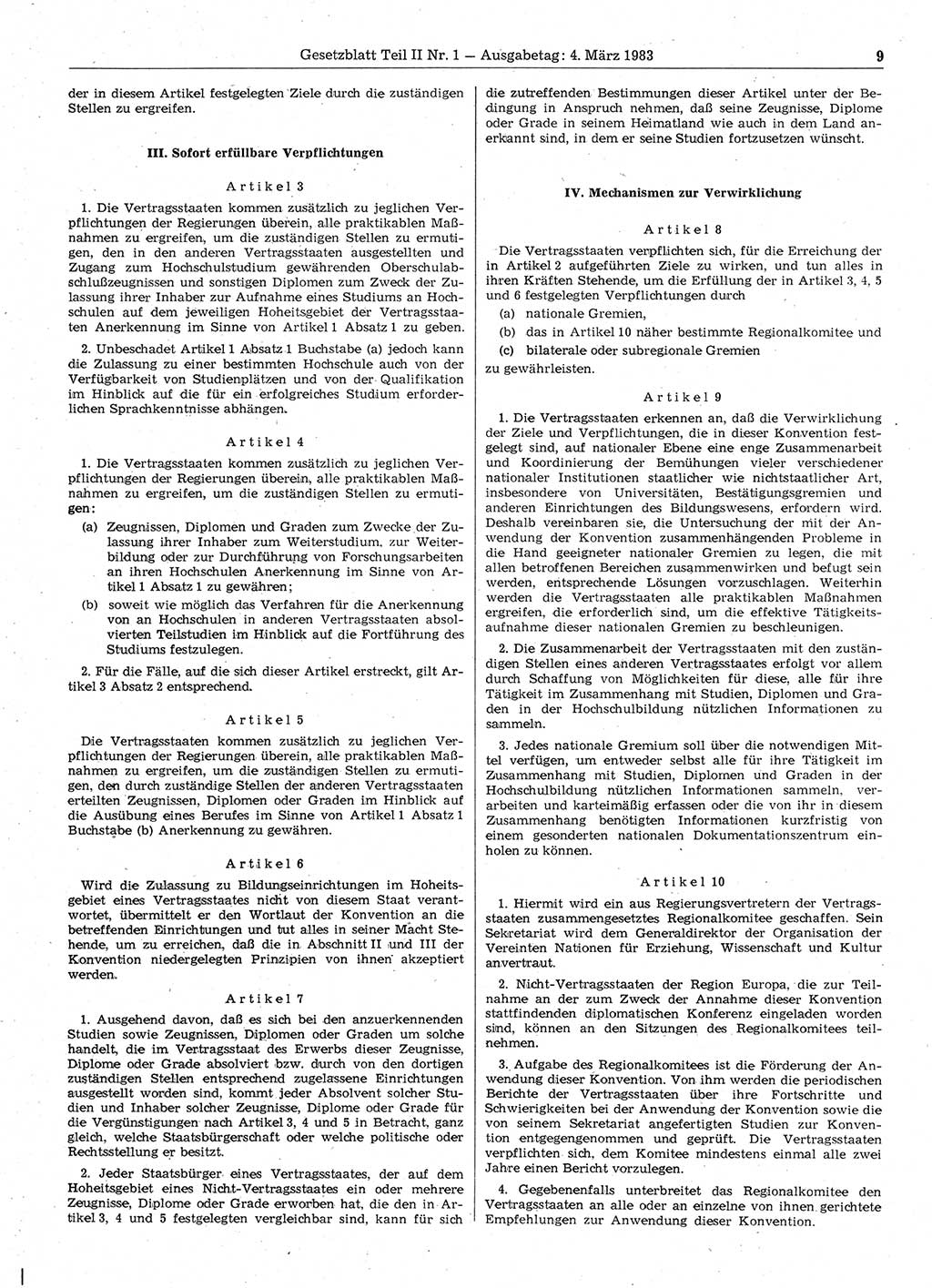 Gesetzblatt (GBl.) der Deutschen Demokratischen Republik (DDR) Teil ⅠⅠ 1983, Seite 9 (GBl. DDR ⅠⅠ 1983, S. 9)