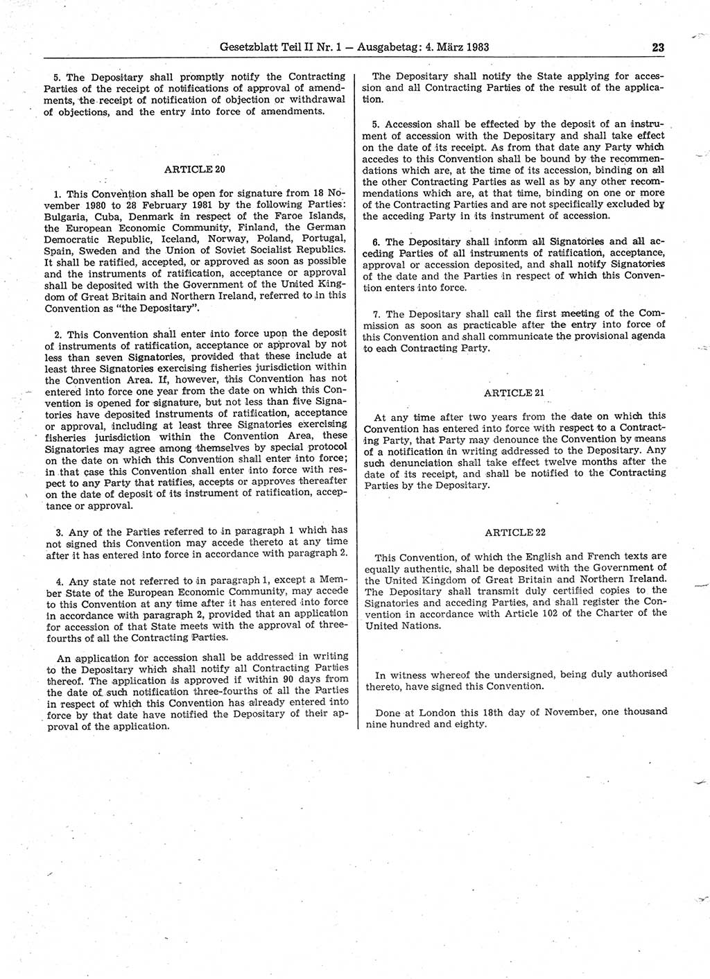 Gesetzblatt (GBl.) der Deutschen Demokratischen Republik (DDR) Teil ⅠⅠ 1983, Seite 23 (GBl. DDR ⅠⅠ 1983, S. 23)