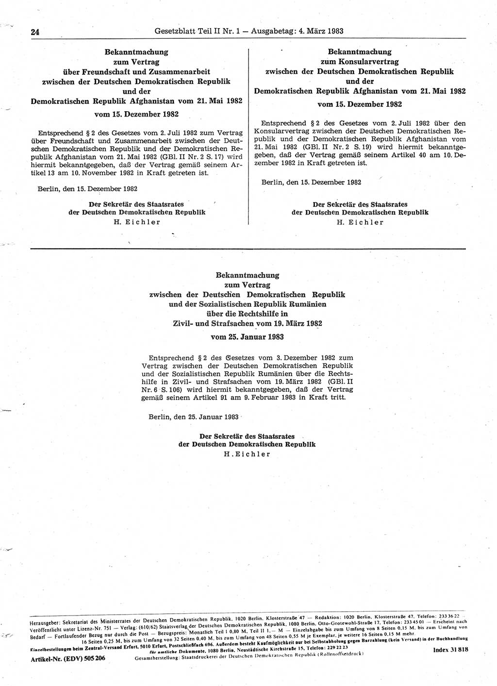 Gesetzblatt (GBl.) der Deutschen Demokratischen Republik (DDR) Teil ⅠⅠ 1983, Seite 24 (GBl. DDR ⅠⅠ 1983, S. 24)