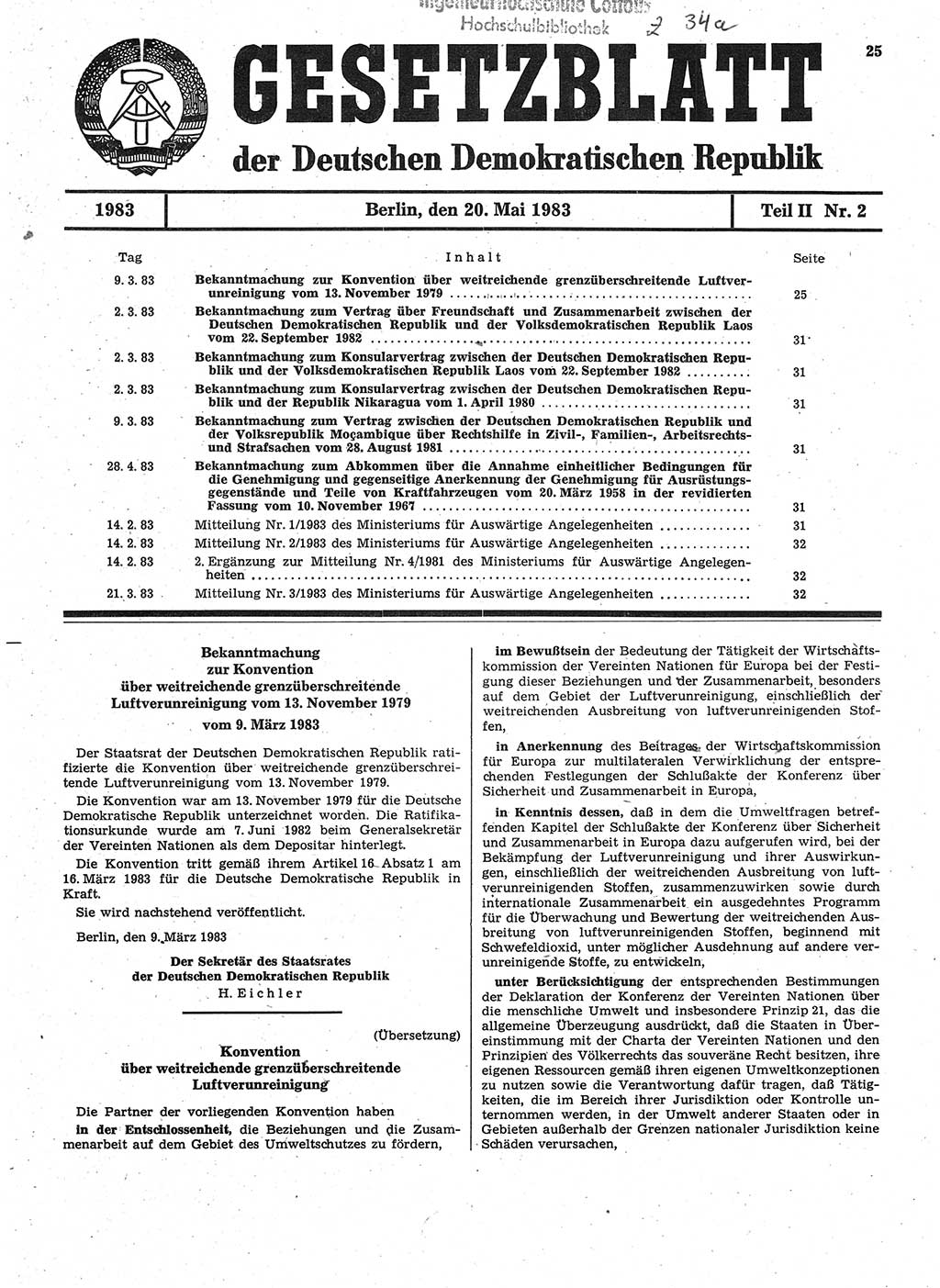 Gesetzblatt (GBl.) der Deutschen Demokratischen Republik (DDR) Teil ⅠⅠ 1983, Seite 25 (GBl. DDR ⅠⅠ 1983, S. 25)