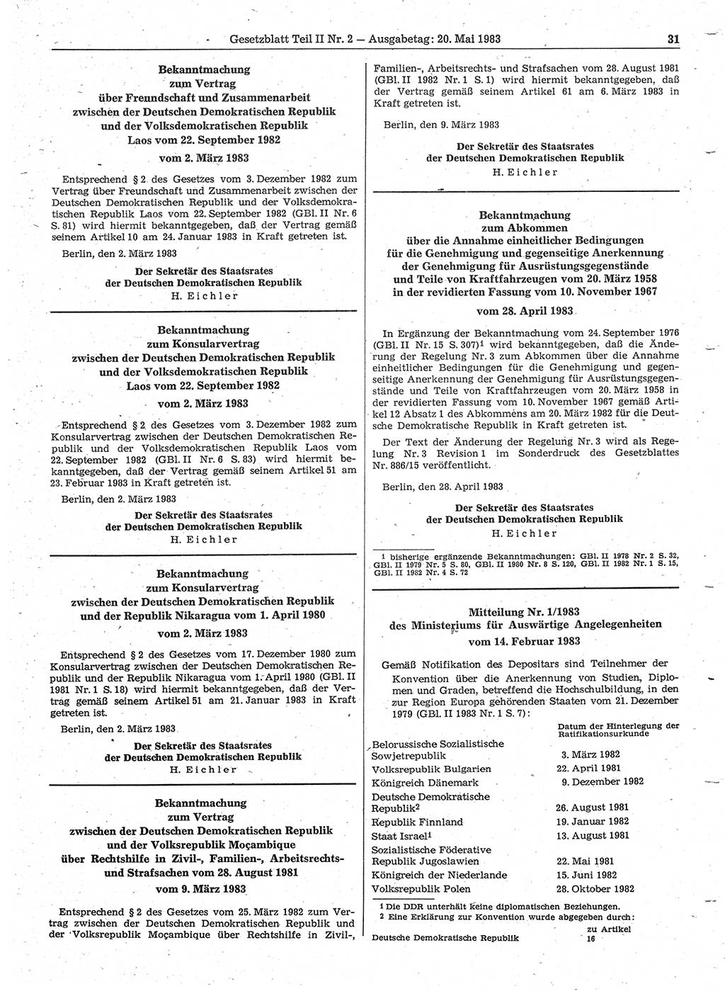 Gesetzblatt (GBl.) der Deutschen Demokratischen Republik (DDR) Teil ⅠⅠ 1983, Seite 31 (GBl. DDR ⅠⅠ 1983, S. 31)
