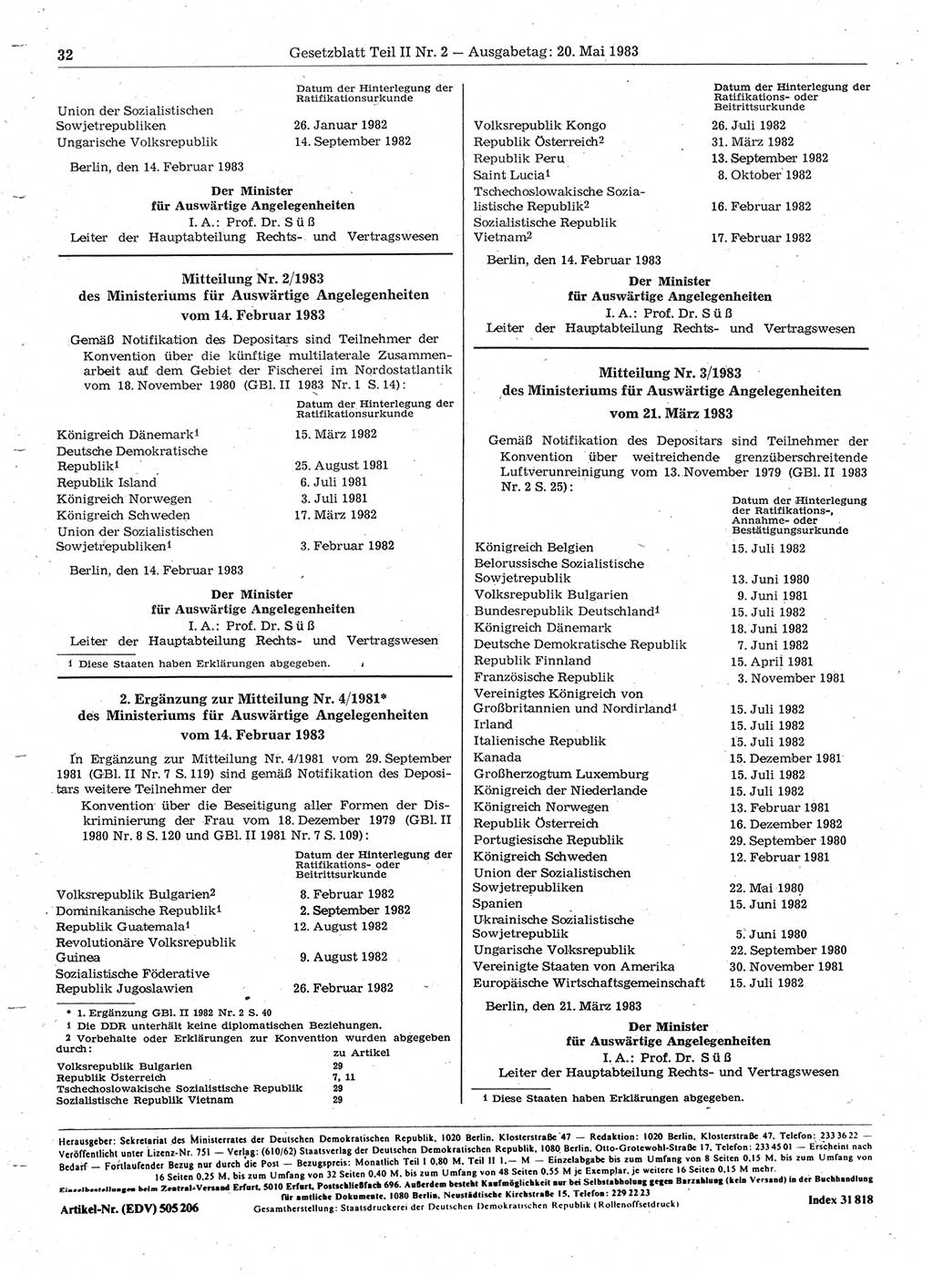 Gesetzblatt (GBl.) der Deutschen Demokratischen Republik (DDR) Teil ⅠⅠ 1983, Seite 32 (GBl. DDR ⅠⅠ 1983, S. 32)