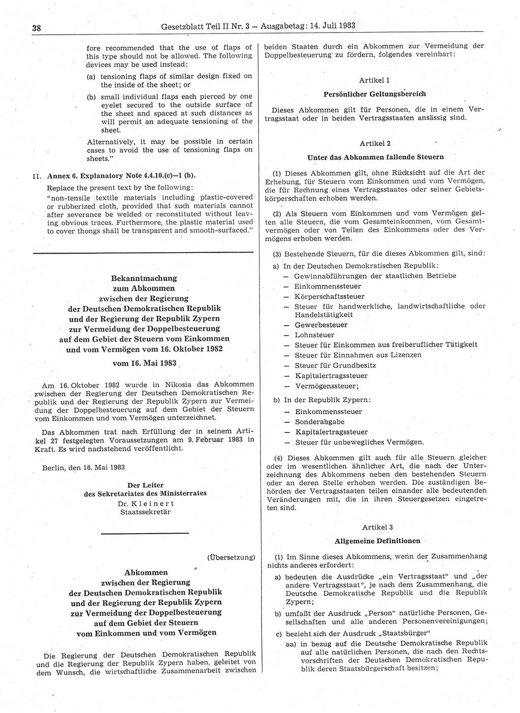 Gesetzblatt (GBl.) der Deutschen Demokratischen Republik (DDR) Teil ⅠⅠ 1983, Seite 38 (GBl. DDR ⅠⅠ 1983, S. 38)