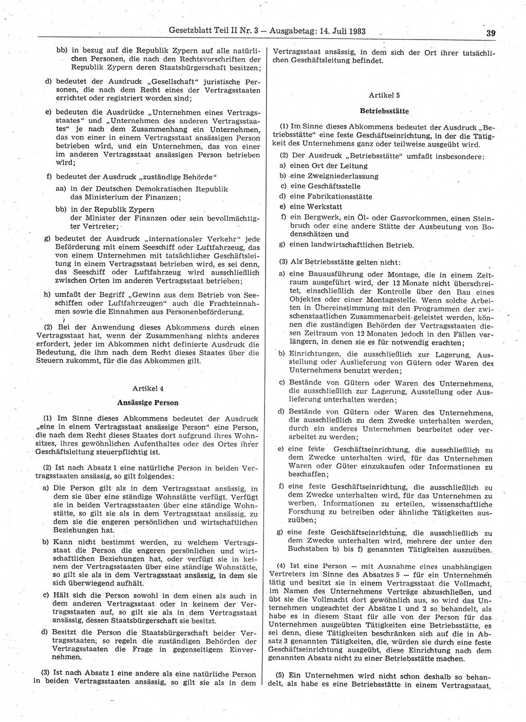 Gesetzblatt (GBl.) der Deutschen Demokratischen Republik (DDR) Teil ⅠⅠ 1983, Seite 39 (GBl. DDR ⅠⅠ 1983, S. 39)