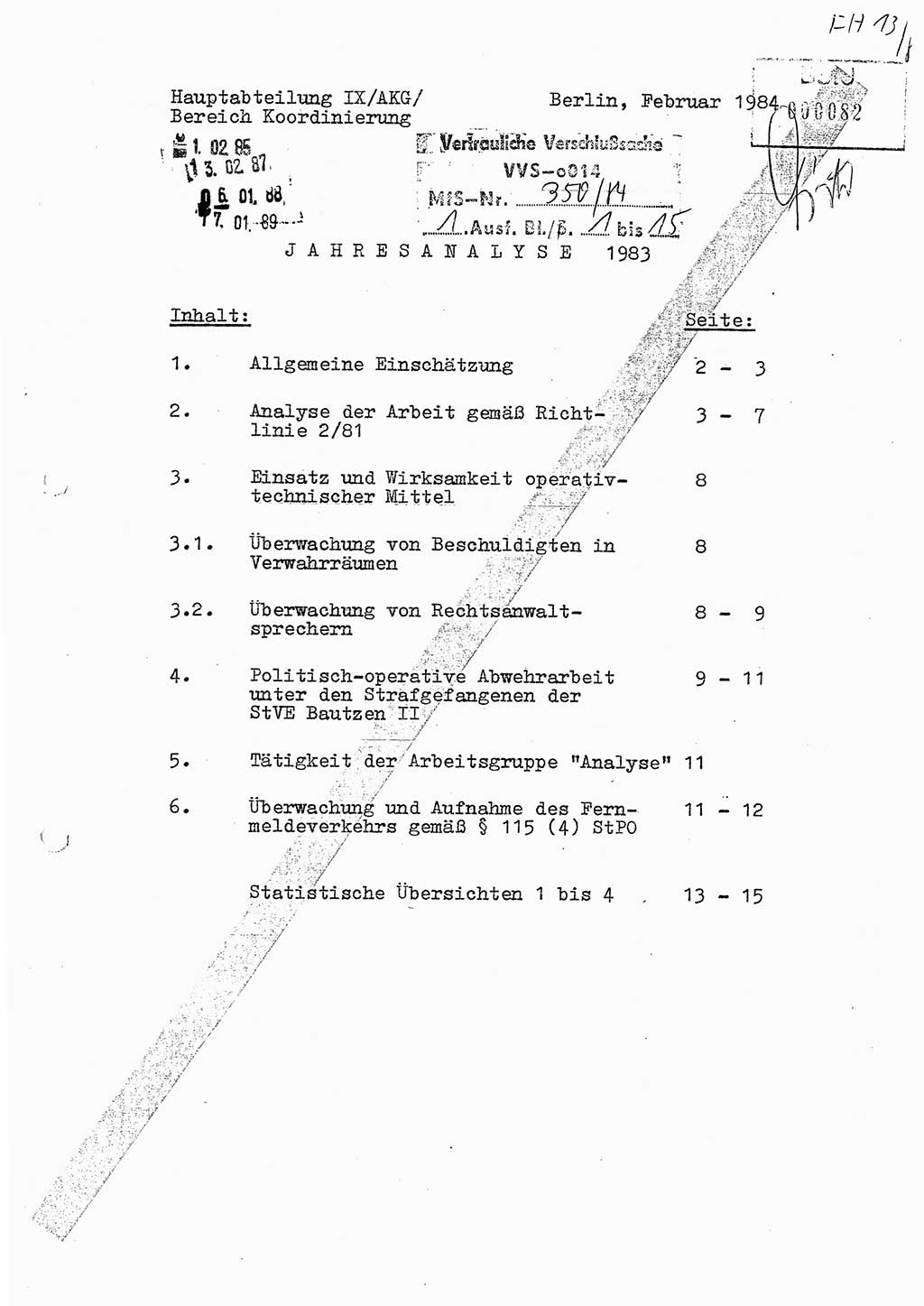 Ministerium für Staatssicherheit (MfS) [Deutsche Demokratische Republik (DDR)], Hauptabteilung (HA) Ⅸ/ Auswertungs- und Kontrollgruppe (AKG), Bereich Koordinierung, Jahresanalyse, Vertrauliche Verschlußsache (VVS) o014-343/83, Berlin 1984, Seite 1 (J.-Anal. MfS DDR HA Ⅸ/AKG VVS o014-350/84 1983, S. 1)