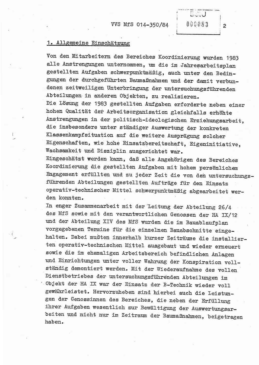 Ministerium für Staatssicherheit (MfS) [Deutsche Demokratische Republik (DDR)], Hauptabteilung (HA) Ⅸ/ Auswertungs- und Kontrollgruppe (AKG), Bereich Koordinierung, Jahresanalyse, Vertrauliche Verschlußsache (VVS) o014-343/83, Berlin 1984, Seite 2 (J.-Anal. MfS DDR HA Ⅸ/AKG VVS o014-350/84 1983, S. 2)