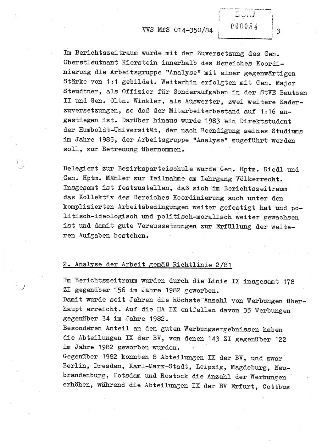 Ministerium für Staatssicherheit (MfS) [Deutsche Demokratische Republik (DDR)], Hauptabteilung (HA) Ⅸ/ Auswertungs- und Kontrollgruppe (AKG), Bereich Koordinierung, Jahresanalyse, Vertrauliche Verschlußsache (VVS) o014-343/83, Berlin 1984, Seite 3 (J.-Anal. MfS DDR HA Ⅸ/AKG VVS o014-350/84 1983, S. 3)