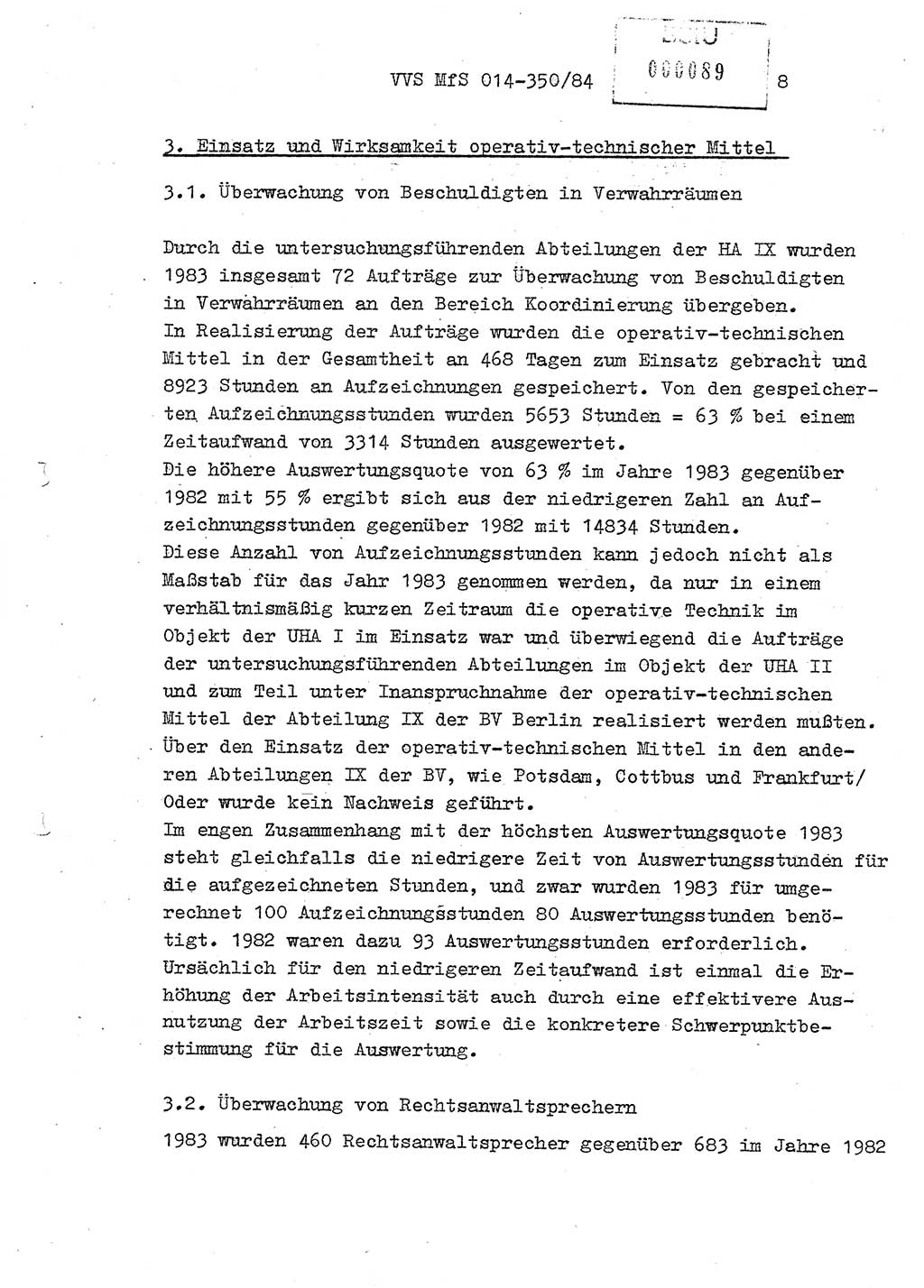 Ministerium für Staatssicherheit (MfS) [Deutsche Demokratische Republik (DDR)], Hauptabteilung (HA) Ⅸ/ Auswertungs- und Kontrollgruppe (AKG), Bereich Koordinierung, Jahresanalyse, Vertrauliche Verschlußsache (VVS) o014-343/83, Berlin 1984, Seite 8 (J.-Anal. MfS DDR HA Ⅸ/AKG VVS o014-350/84 1983, S. 8)