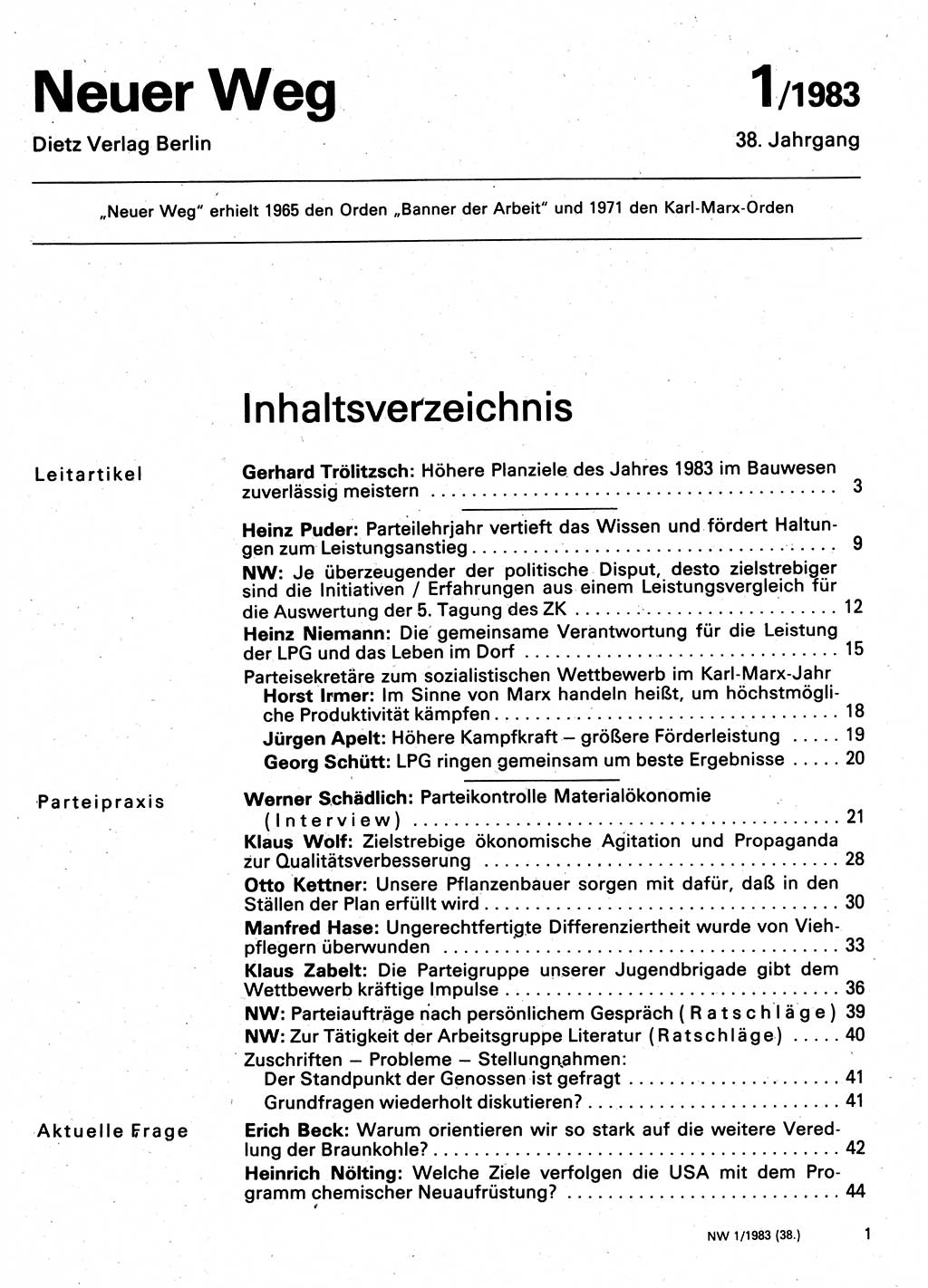 Neuer Weg (NW), Organ des Zentralkomitees (ZK) der SED (Sozialistische Einheitspartei Deutschlands) für Fragen des Parteilebens, 38. Jahrgang [Deutsche Demokratische Republik (DDR)] 1983, Seite 1 (NW ZK SED DDR 1983, S. 1)