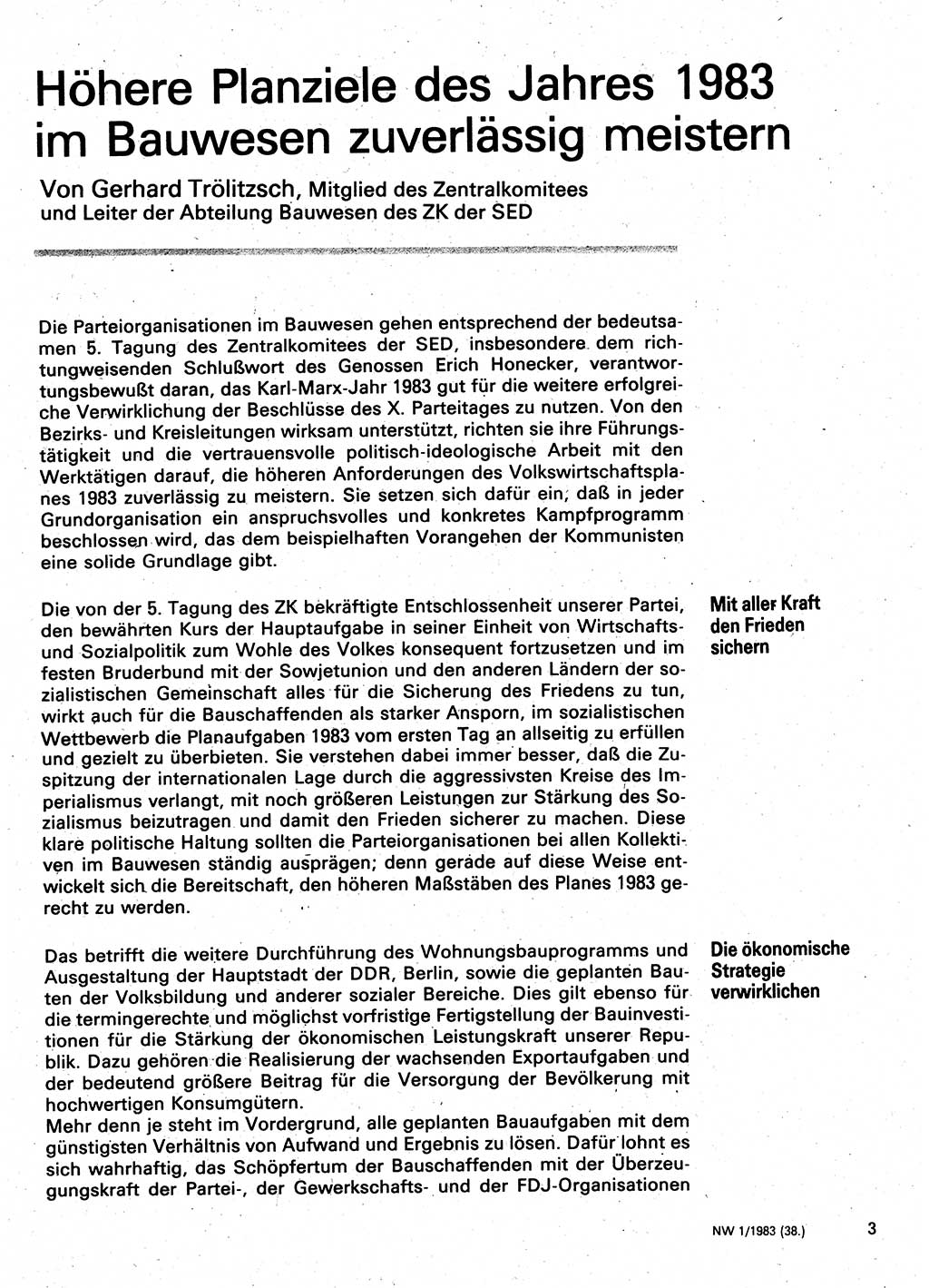 Neuer Weg (NW), Organ des Zentralkomitees (ZK) der SED (Sozialistische Einheitspartei Deutschlands) fÃ¼r Fragen des Parteilebens, 38. Jahrgang [Deutsche Demokratische Republik (DDR)] 1983, Seite 3 (NW ZK SED DDR 1983, S. 3)