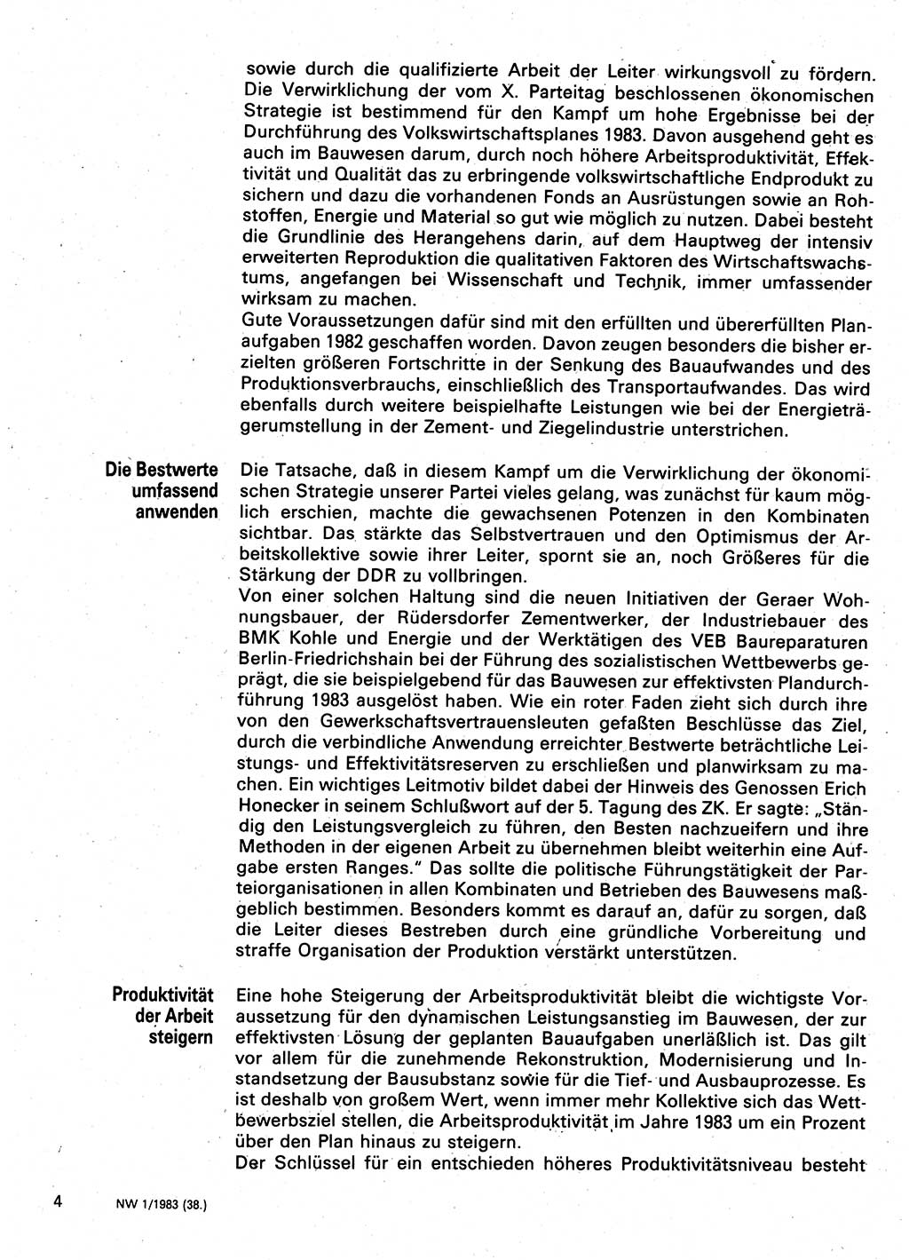 Neuer Weg (NW), Organ des Zentralkomitees (ZK) der SED (Sozialistische Einheitspartei Deutschlands) für Fragen des Parteilebens, 38. Jahrgang [Deutsche Demokratische Republik (DDR)] 1983, Seite 4 (NW ZK SED DDR 1983, S. 4)