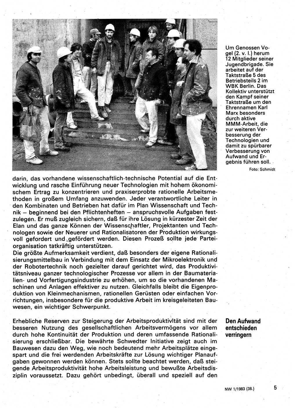 Neuer Weg (NW), Organ des Zentralkomitees (ZK) der SED (Sozialistische Einheitspartei Deutschlands) für Fragen des Parteilebens, 38. Jahrgang [Deutsche Demokratische Republik (DDR)] 1983, Seite 5 (NW ZK SED DDR 1983, S. 5)