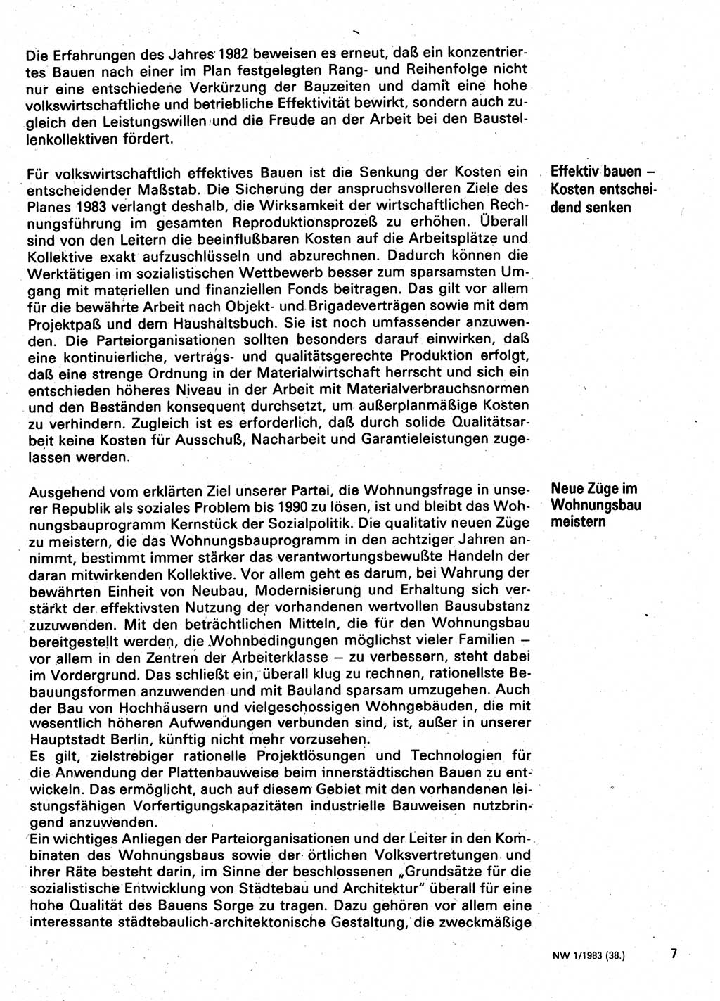 Neuer Weg (NW), Organ des Zentralkomitees (ZK) der SED (Sozialistische Einheitspartei Deutschlands) für Fragen des Parteilebens, 38. Jahrgang [Deutsche Demokratische Republik (DDR)] 1983, Seite 7 (NW ZK SED DDR 1983, S. 7)