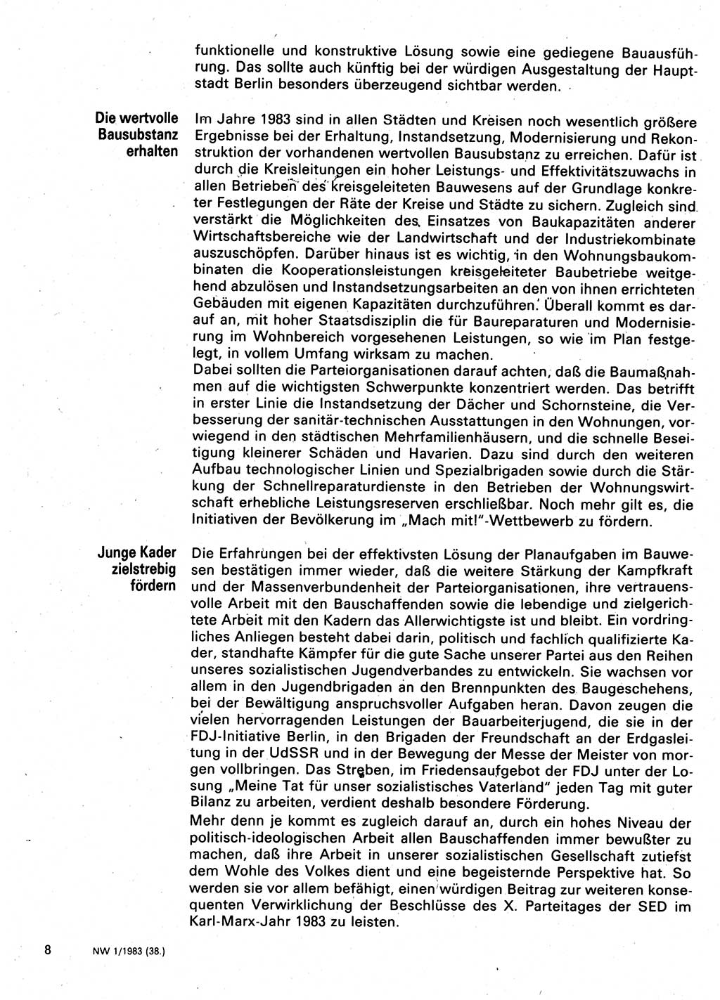 Neuer Weg (NW), Organ des Zentralkomitees (ZK) der SED (Sozialistische Einheitspartei Deutschlands) für Fragen des Parteilebens, 38. Jahrgang [Deutsche Demokratische Republik (DDR)] 1983, Seite 8 (NW ZK SED DDR 1983, S. 8)