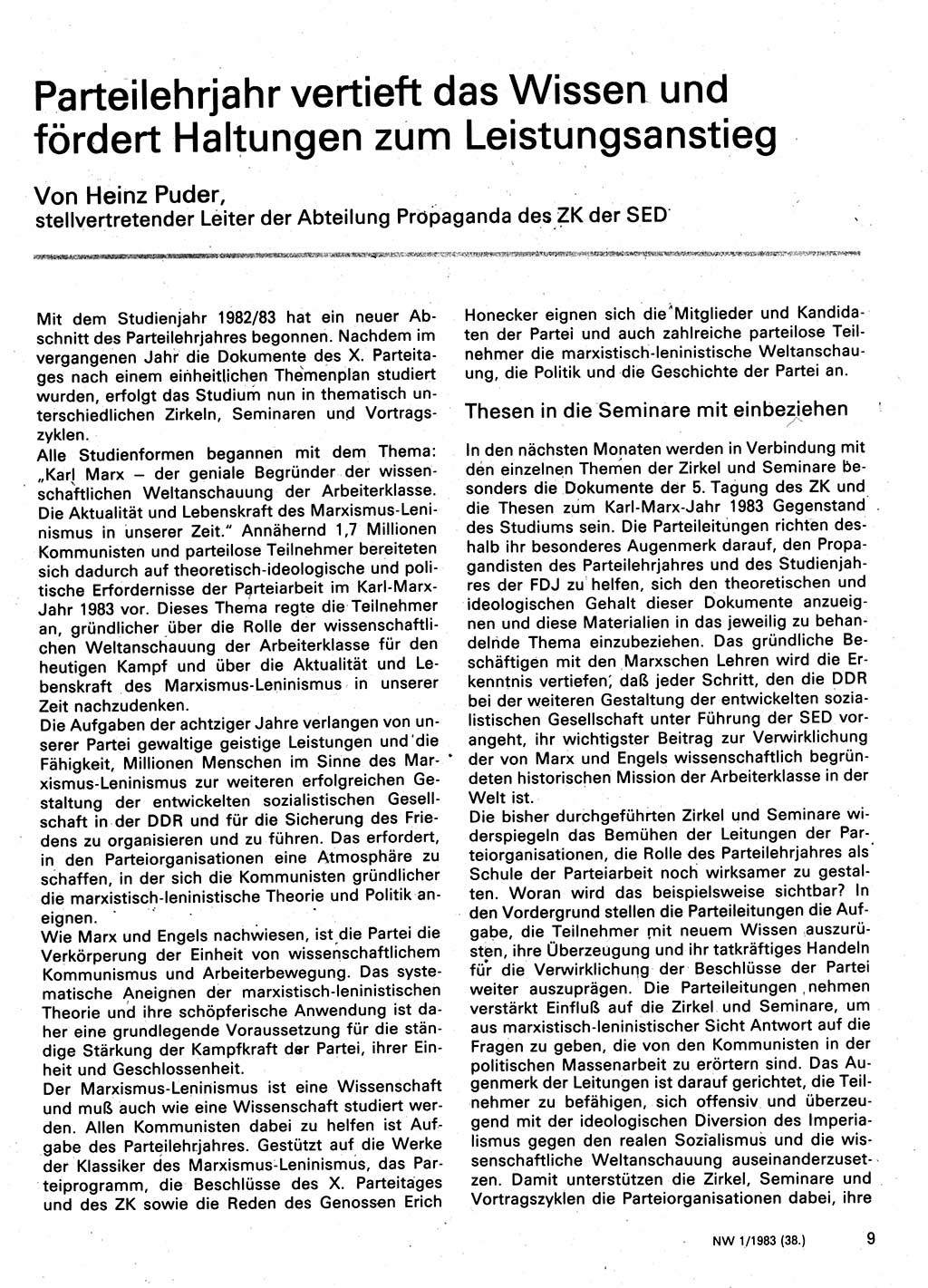 Neuer Weg (NW), Organ des Zentralkomitees (ZK) der SED (Sozialistische Einheitspartei Deutschlands) für Fragen des Parteilebens, 38. Jahrgang [Deutsche Demokratische Republik (DDR)] 1983, Seite 9 (NW ZK SED DDR 1983, S. 9)