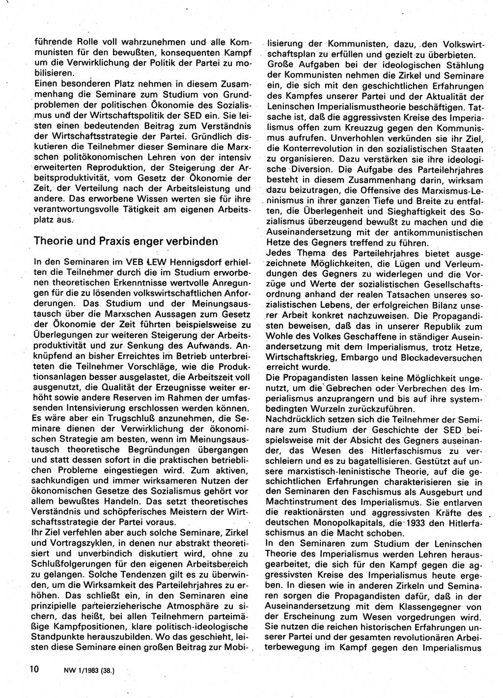 Neuer Weg (NW), Organ des Zentralkomitees (ZK) der SED (Sozialistische Einheitspartei Deutschlands) für Fragen des Parteilebens, 38. Jahrgang [Deutsche Demokratische Republik (DDR)] 1983, Seite 10 (NW ZK SED DDR 1983, S. 10)