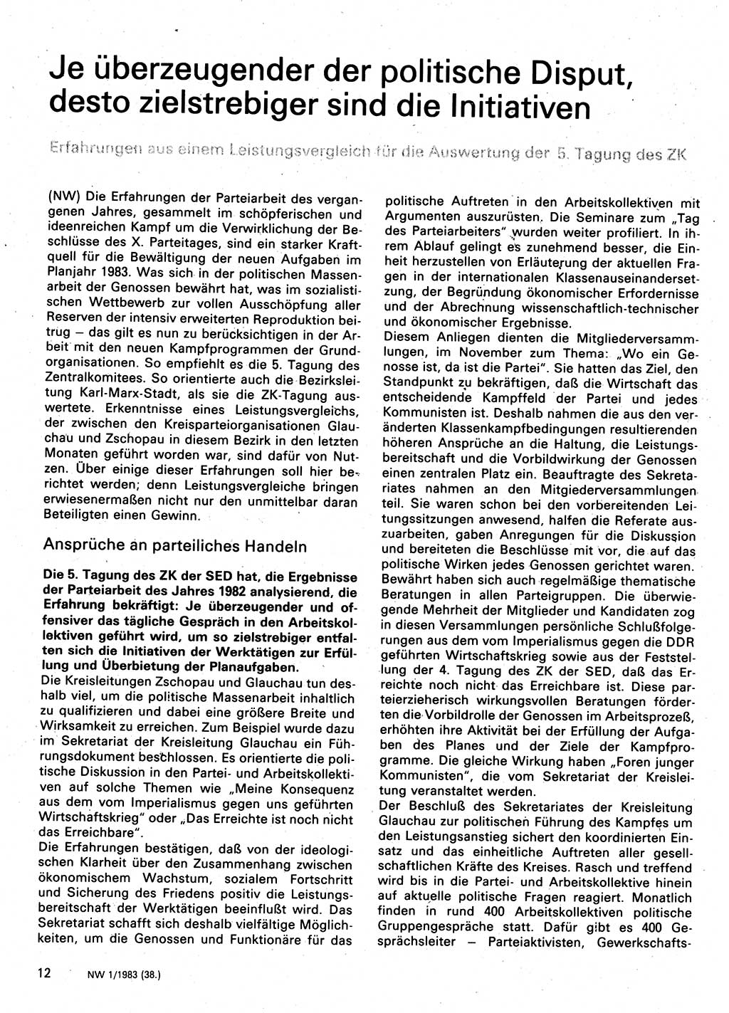 Neuer Weg (NW), Organ des Zentralkomitees (ZK) der SED (Sozialistische Einheitspartei Deutschlands) für Fragen des Parteilebens, 38. Jahrgang [Deutsche Demokratische Republik (DDR)] 1983, Seite 12 (NW ZK SED DDR 1983, S. 12)