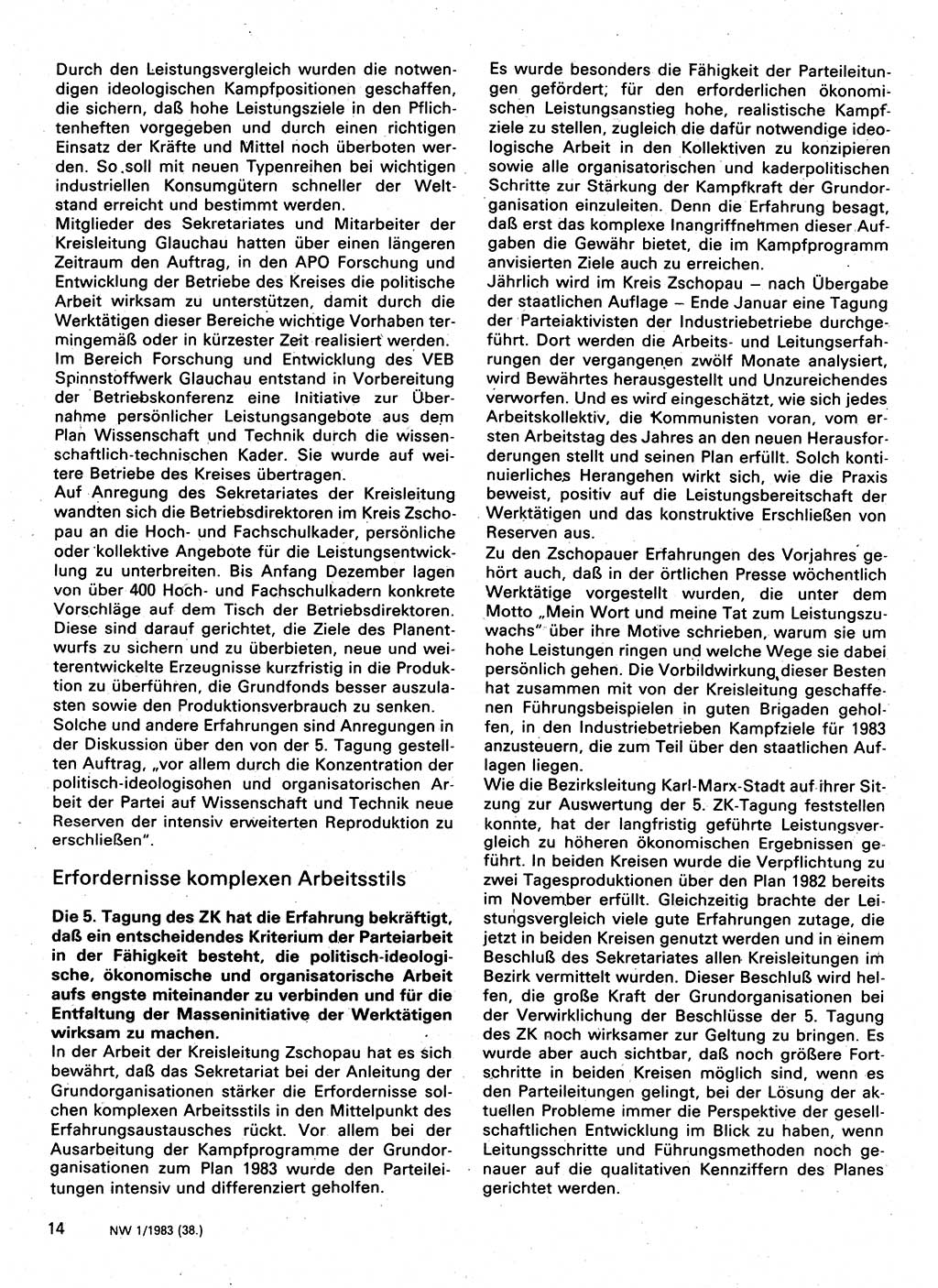 Neuer Weg (NW), Organ des Zentralkomitees (ZK) der SED (Sozialistische Einheitspartei Deutschlands) für Fragen des Parteilebens, 38. Jahrgang [Deutsche Demokratische Republik (DDR)] 1983, Seite 14 (NW ZK SED DDR 1983, S. 14)