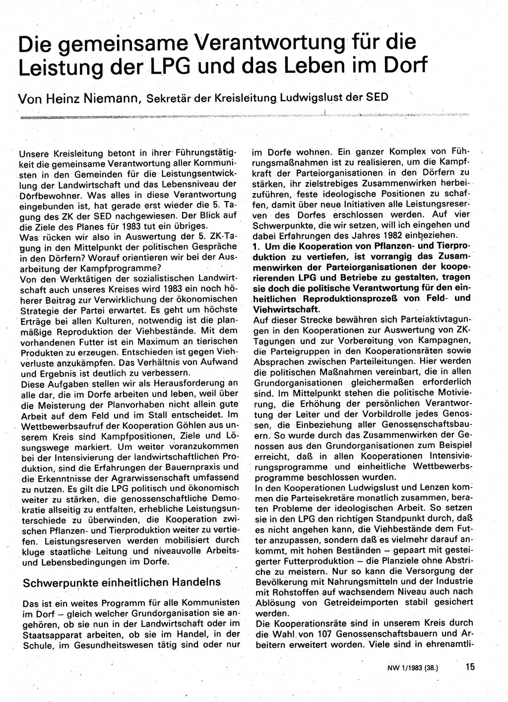 Neuer Weg (NW), Organ des Zentralkomitees (ZK) der SED (Sozialistische Einheitspartei Deutschlands) für Fragen des Parteilebens, 38. Jahrgang [Deutsche Demokratische Republik (DDR)] 1983, Seite 15 (NW ZK SED DDR 1983, S. 15)