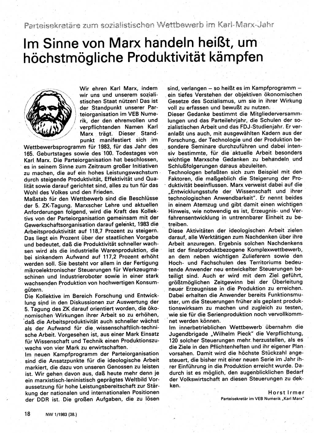 Neuer Weg (NW), Organ des Zentralkomitees (ZK) der SED (Sozialistische Einheitspartei Deutschlands) für Fragen des Parteilebens, 38. Jahrgang [Deutsche Demokratische Republik (DDR)] 1983, Seite 18 (NW ZK SED DDR 1983, S. 18)