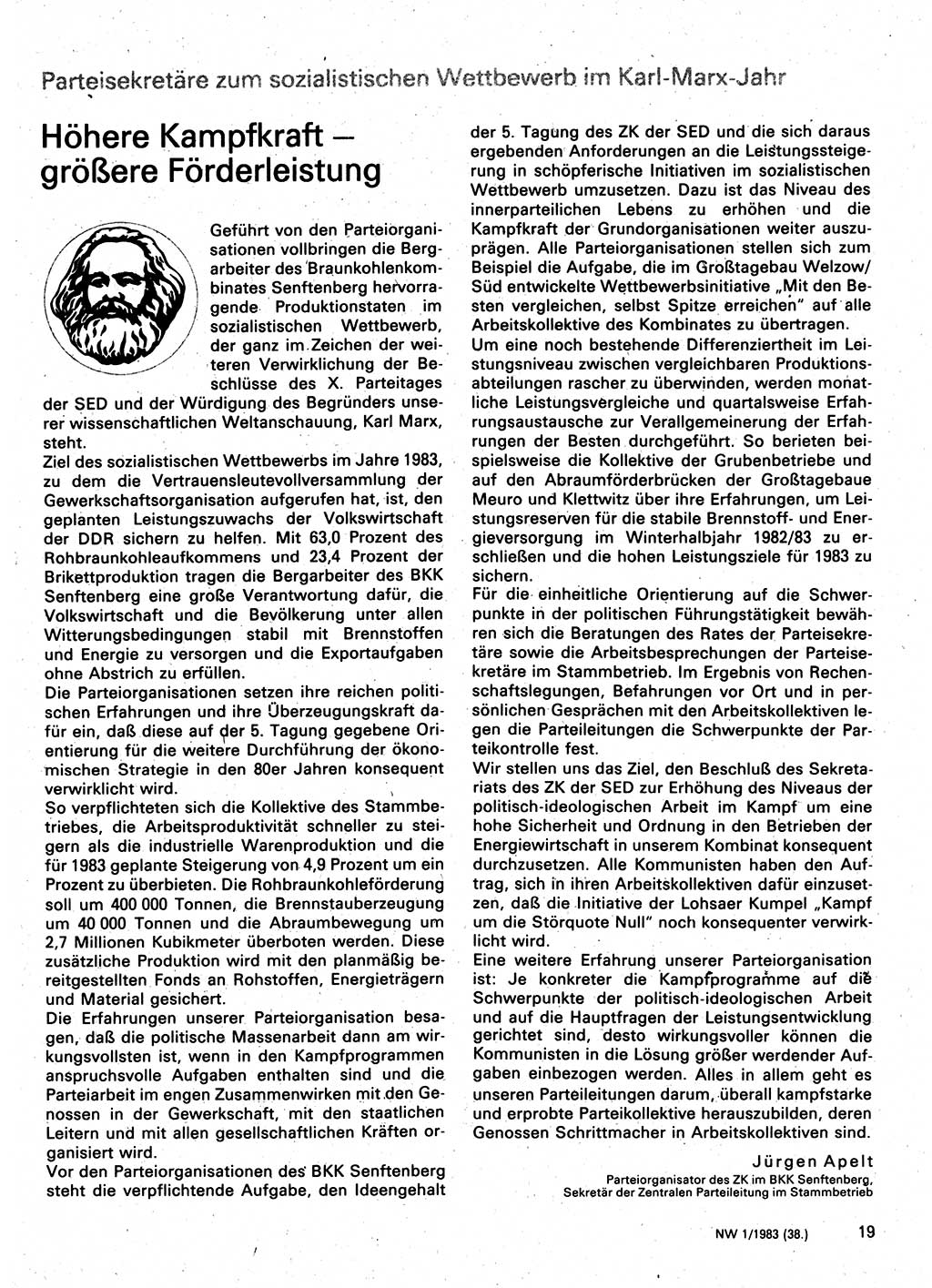 Neuer Weg (NW), Organ des Zentralkomitees (ZK) der SED (Sozialistische Einheitspartei Deutschlands) für Fragen des Parteilebens, 38. Jahrgang [Deutsche Demokratische Republik (DDR)] 1983, Seite 19 (NW ZK SED DDR 1983, S. 19)