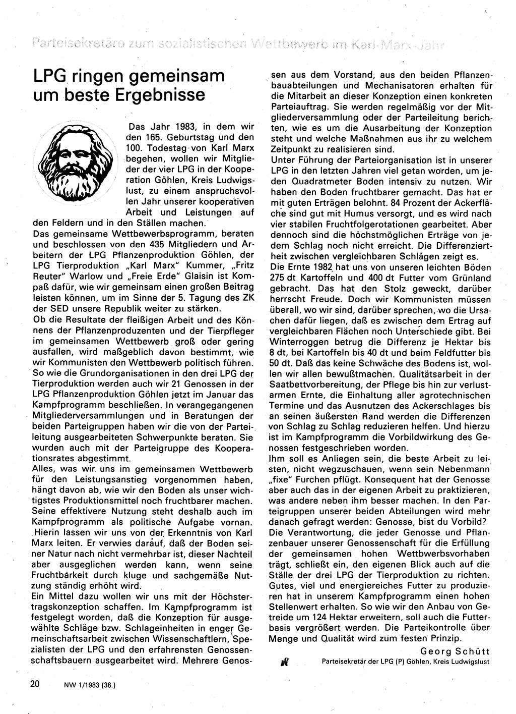 Neuer Weg (NW), Organ des Zentralkomitees (ZK) der SED (Sozialistische Einheitspartei Deutschlands) für Fragen des Parteilebens, 38. Jahrgang [Deutsche Demokratische Republik (DDR)] 1983, Seite 20 (NW ZK SED DDR 1983, S. 20)