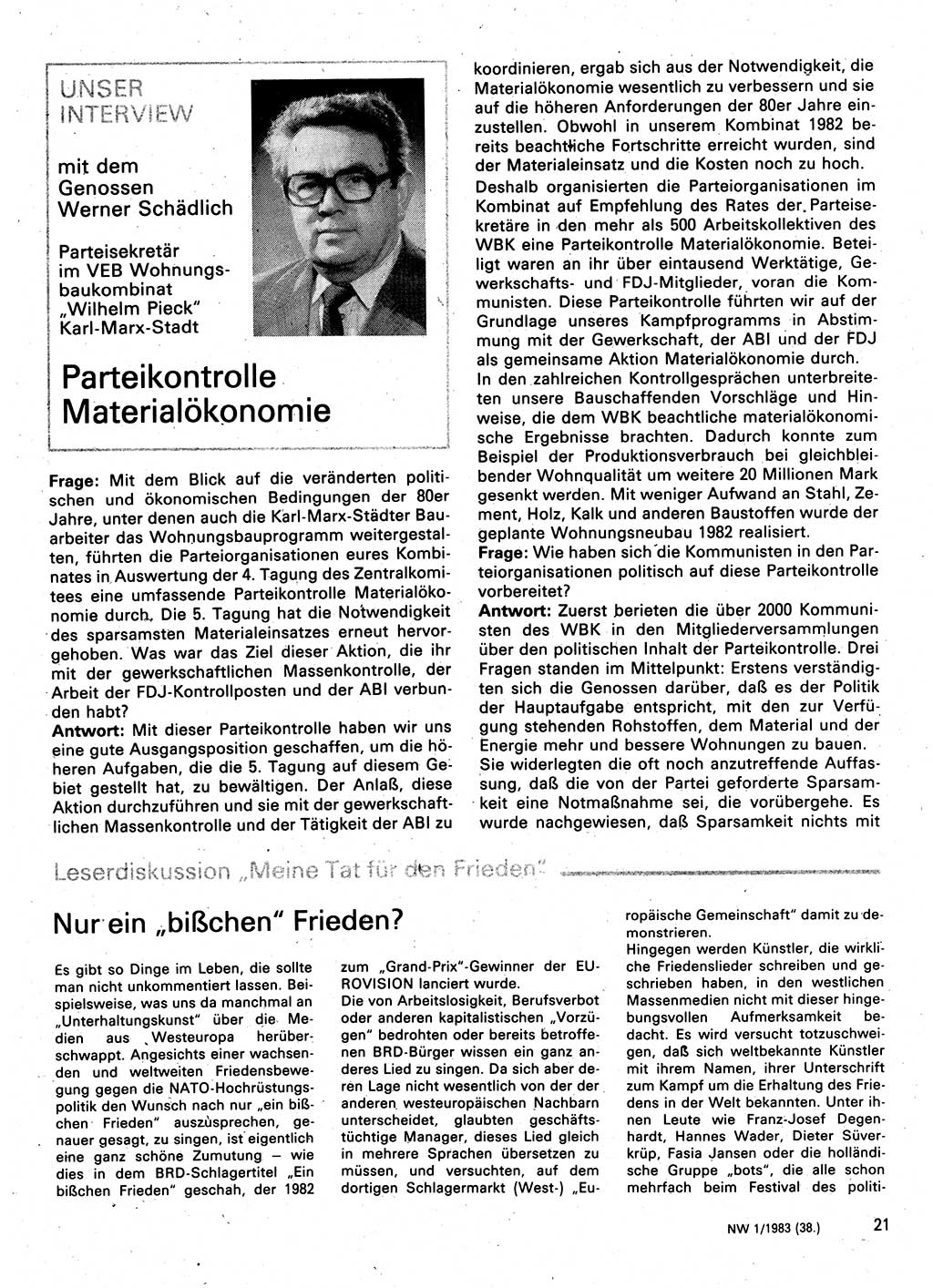 Neuer Weg (NW), Organ des Zentralkomitees (ZK) der SED (Sozialistische Einheitspartei Deutschlands) für Fragen des Parteilebens, 38. Jahrgang [Deutsche Demokratische Republik (DDR)] 1983, Seite 21 (NW ZK SED DDR 1983, S. 21)