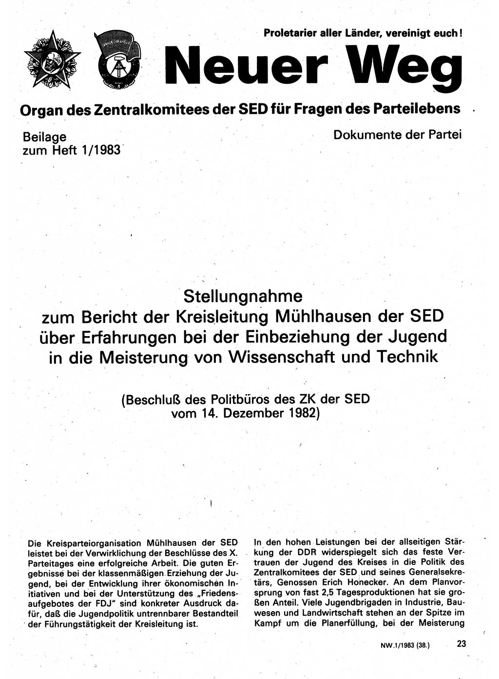 Neuer Weg (NW), Organ des Zentralkomitees (ZK) der SED (Sozialistische Einheitspartei Deutschlands) für Fragen des Parteilebens, 38. Jahrgang [Deutsche Demokratische Republik (DDR)] 1983, Seite 23 (NW ZK SED DDR 1983, S. 23)