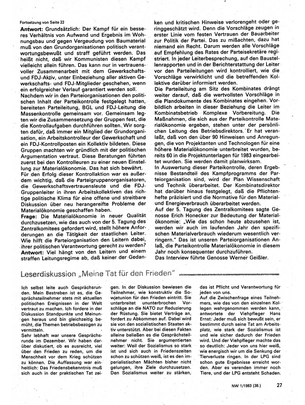 Neuer Weg (NW), Organ des Zentralkomitees (ZK) der SED (Sozialistische Einheitspartei Deutschlands) für Fragen des Parteilebens, 38. Jahrgang [Deutsche Demokratische Republik (DDR)] 1983, Seite 27 (NW ZK SED DDR 1983, S. 27)
