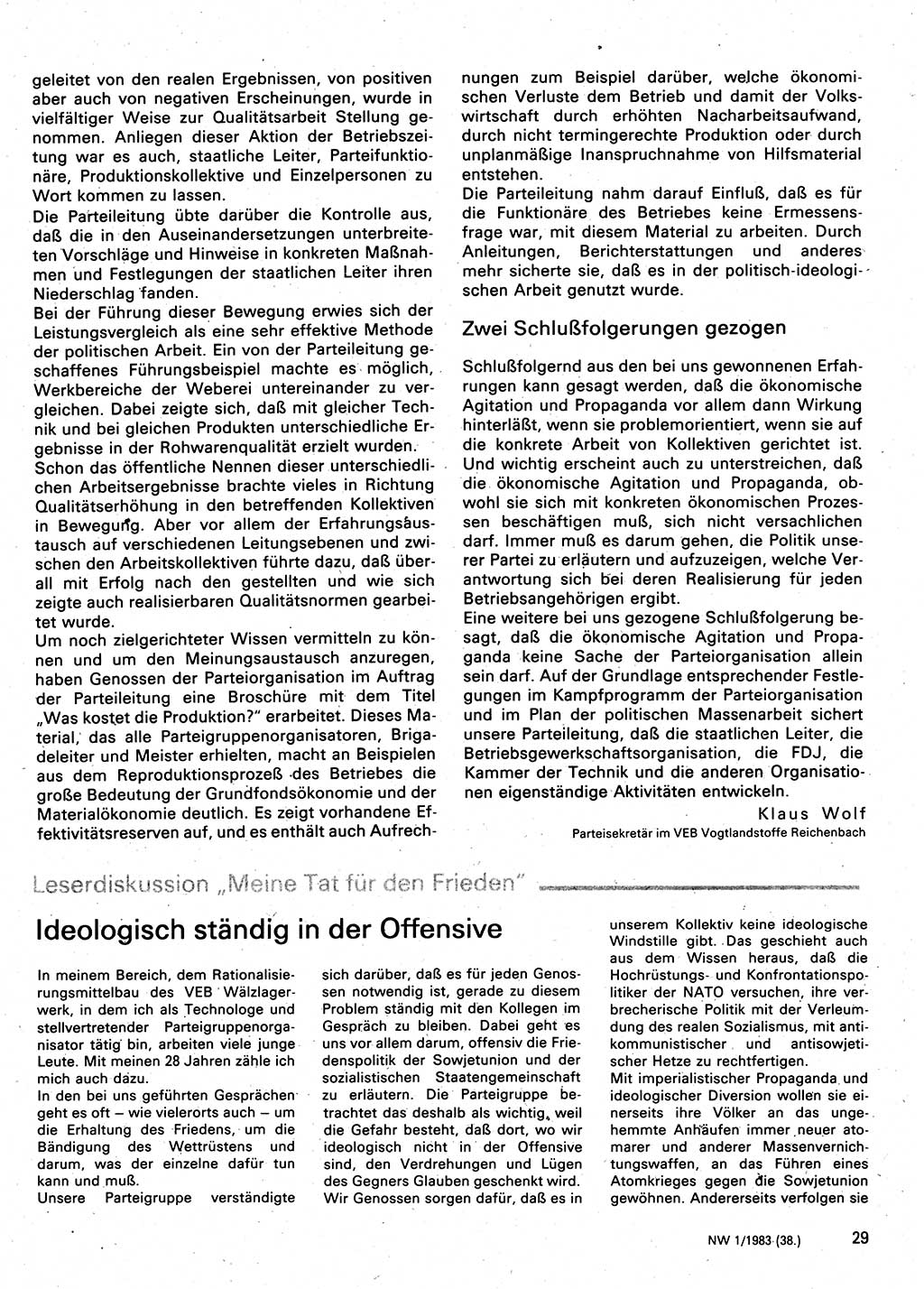 Neuer Weg (NW), Organ des Zentralkomitees (ZK) der SED (Sozialistische Einheitspartei Deutschlands) für Fragen des Parteilebens, 38. Jahrgang [Deutsche Demokratische Republik (DDR)] 1983, Seite 29 (NW ZK SED DDR 1983, S. 29)
