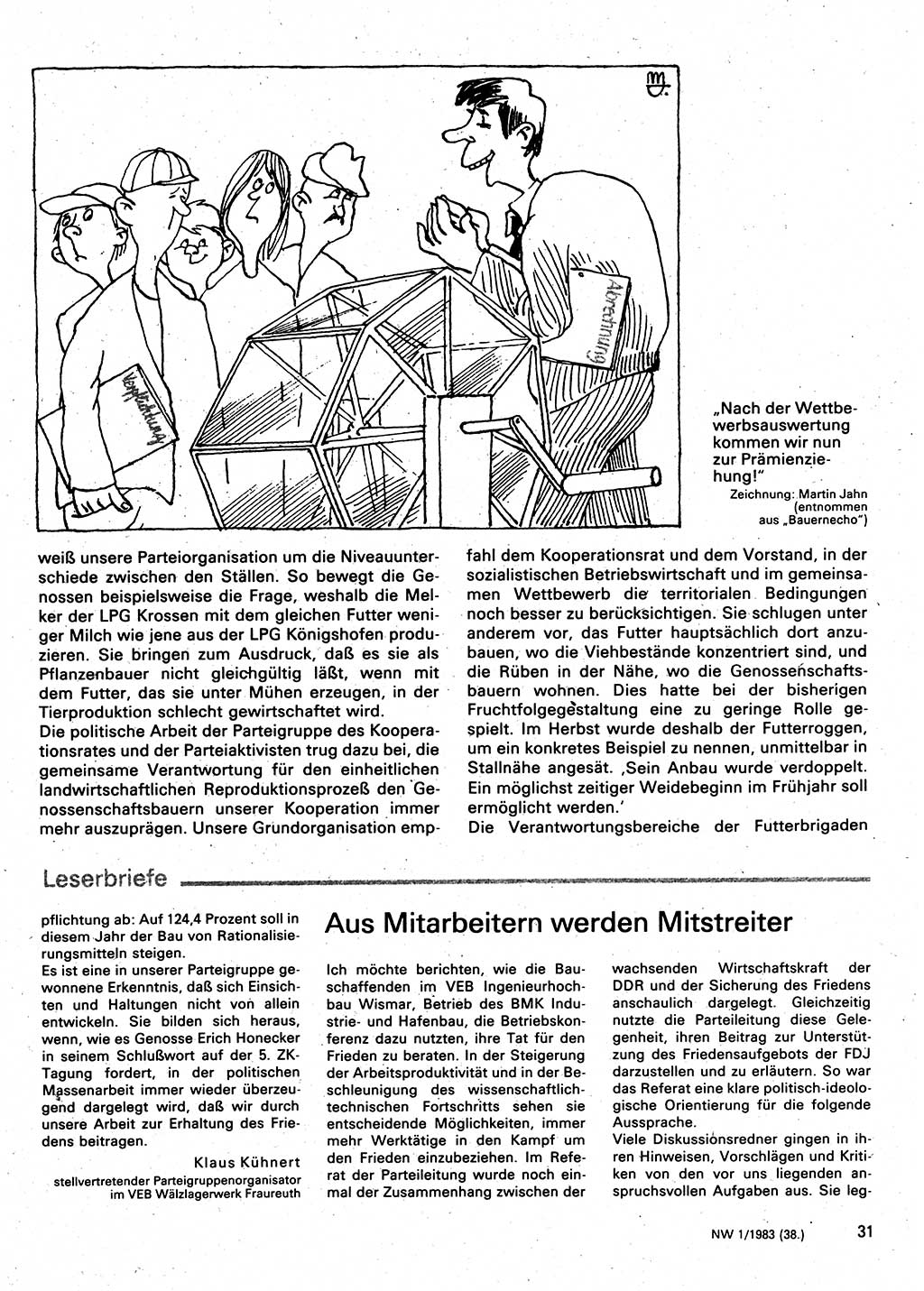 Neuer Weg (NW), Organ des Zentralkomitees (ZK) der SED (Sozialistische Einheitspartei Deutschlands) für Fragen des Parteilebens, 38. Jahrgang [Deutsche Demokratische Republik (DDR)] 1983, Seite 31 (NW ZK SED DDR 1983, S. 31)