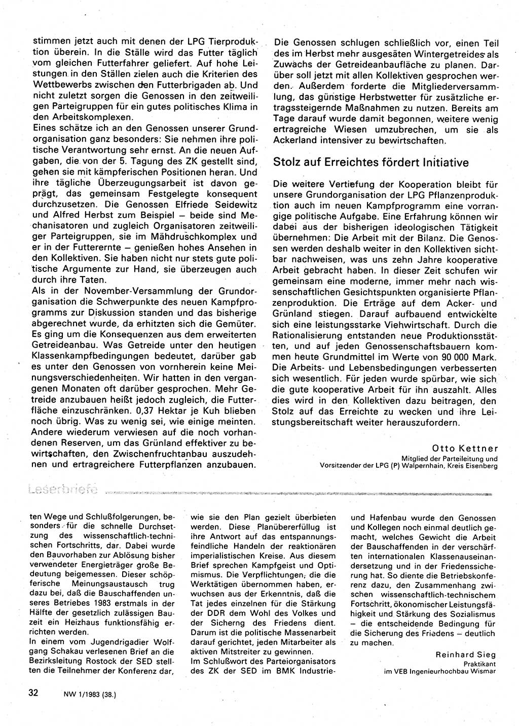 Neuer Weg (NW), Organ des Zentralkomitees (ZK) der SED (Sozialistische Einheitspartei Deutschlands) für Fragen des Parteilebens, 38. Jahrgang [Deutsche Demokratische Republik (DDR)] 1983, Seite 32 (NW ZK SED DDR 1983, S. 32)