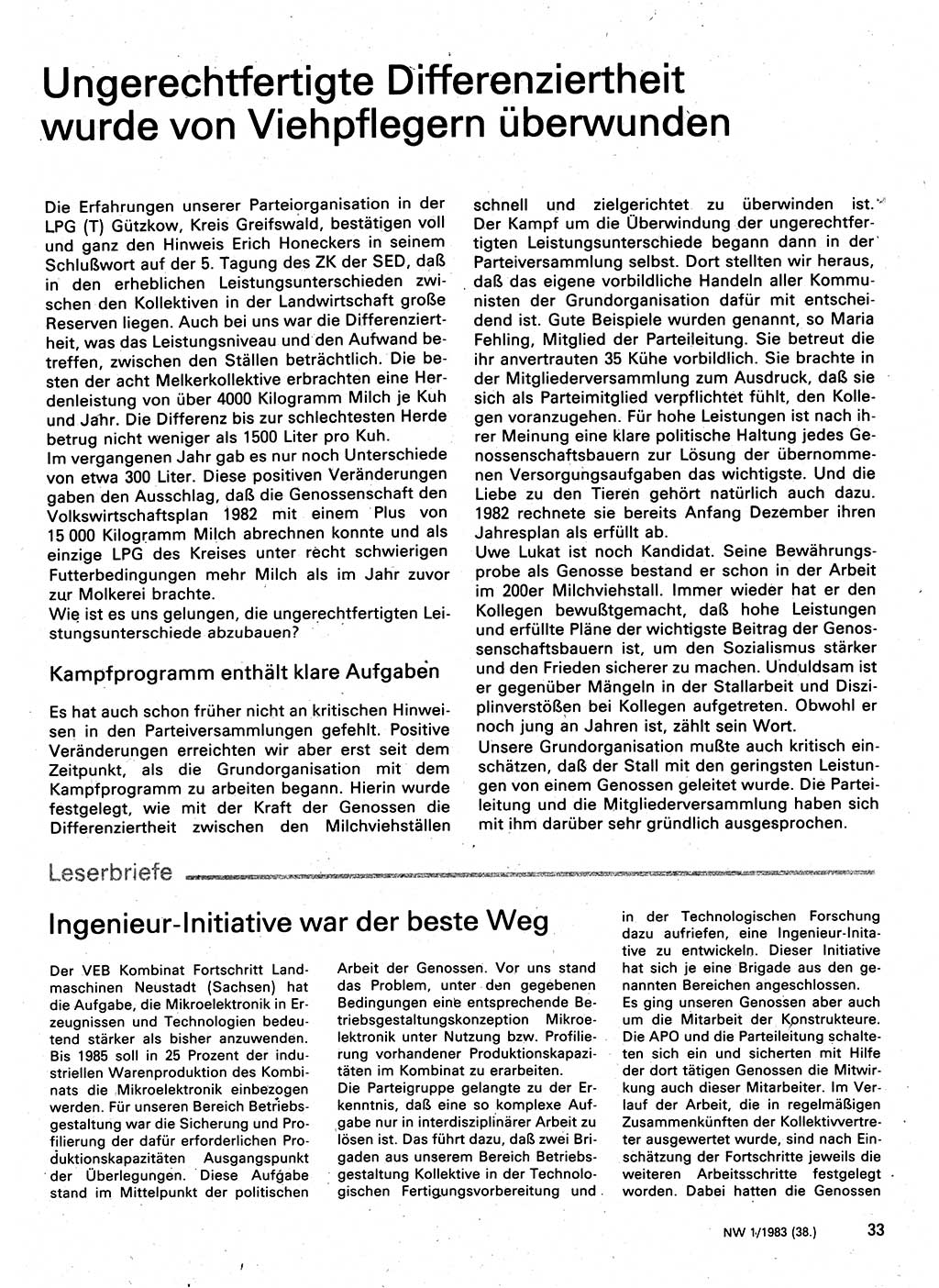 Neuer Weg (NW), Organ des Zentralkomitees (ZK) der SED (Sozialistische Einheitspartei Deutschlands) für Fragen des Parteilebens, 38. Jahrgang [Deutsche Demokratische Republik (DDR)] 1983, Seite 33 (NW ZK SED DDR 1983, S. 33)