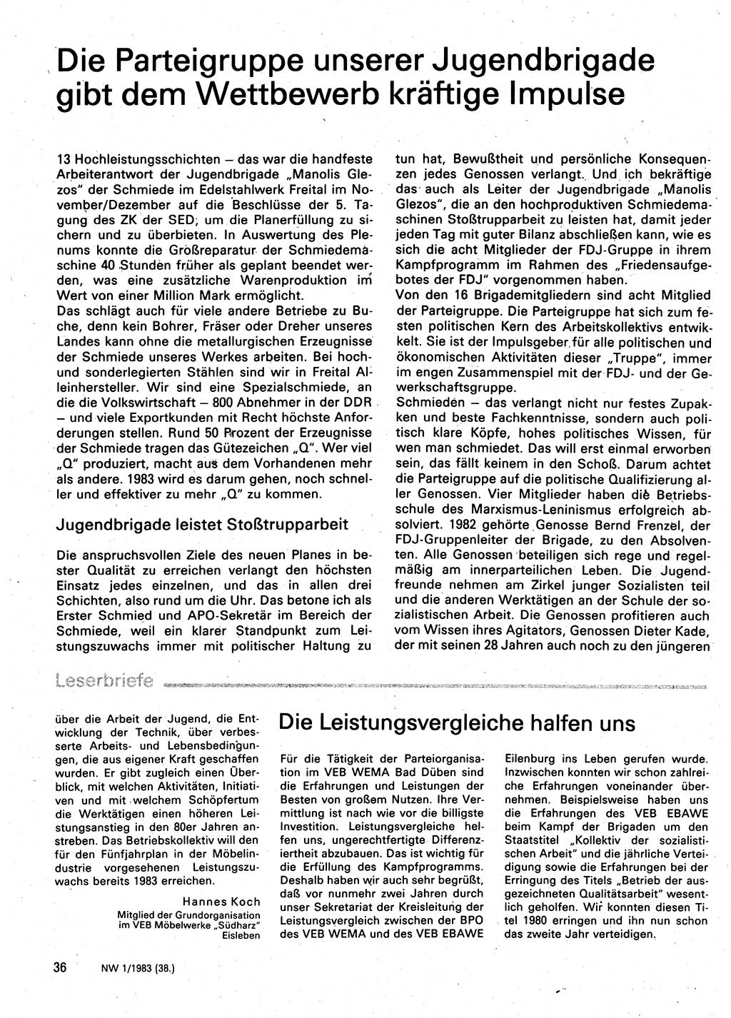 Neuer Weg (NW), Organ des Zentralkomitees (ZK) der SED (Sozialistische Einheitspartei Deutschlands) für Fragen des Parteilebens, 38. Jahrgang [Deutsche Demokratische Republik (DDR)] 1983, Seite 36 (NW ZK SED DDR 1983, S. 36)