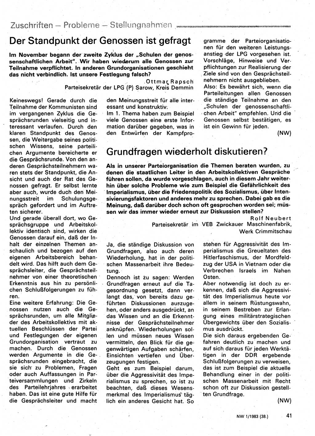 Neuer Weg (NW), Organ des Zentralkomitees (ZK) der SED (Sozialistische Einheitspartei Deutschlands) fÃ¼r Fragen des Parteilebens, 38. Jahrgang [Deutsche Demokratische Republik (DDR)] 1983, Seite 41 (NW ZK SED DDR 1983, S. 41)