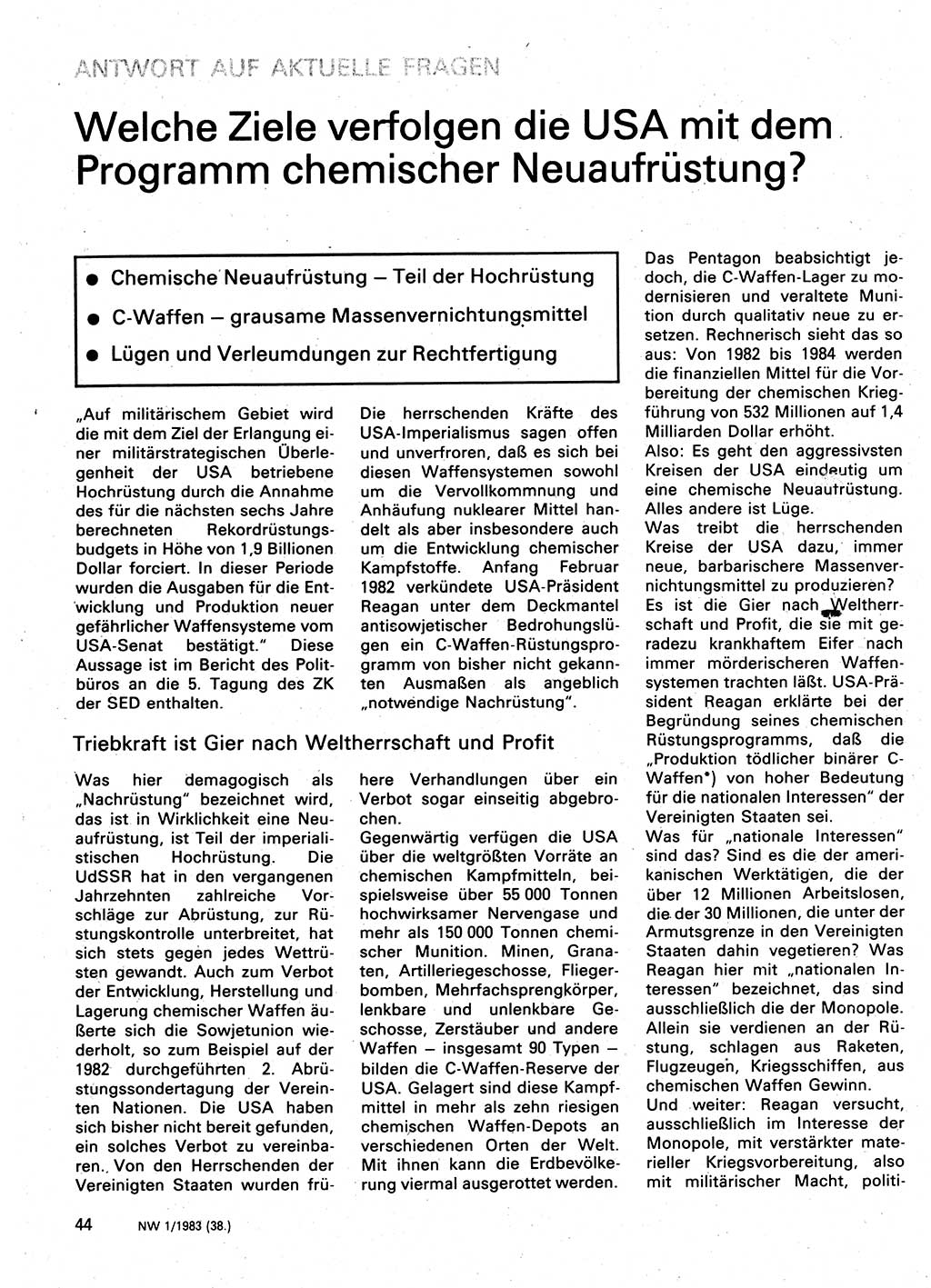 Neuer Weg (NW), Organ des Zentralkomitees (ZK) der SED (Sozialistische Einheitspartei Deutschlands) für Fragen des Parteilebens, 38. Jahrgang [Deutsche Demokratische Republik (DDR)] 1983, Seite 44 (NW ZK SED DDR 1983, S. 44)