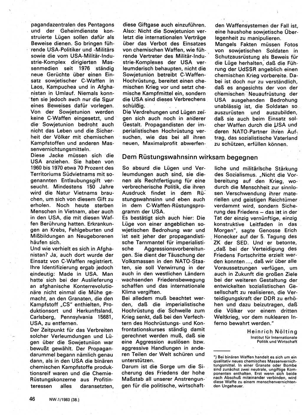 Neuer Weg (NW), Organ des Zentralkomitees (ZK) der SED (Sozialistische Einheitspartei Deutschlands) für Fragen des Parteilebens, 38. Jahrgang [Deutsche Demokratische Republik (DDR)] 1983, Seite 46 (NW ZK SED DDR 1983, S. 46)