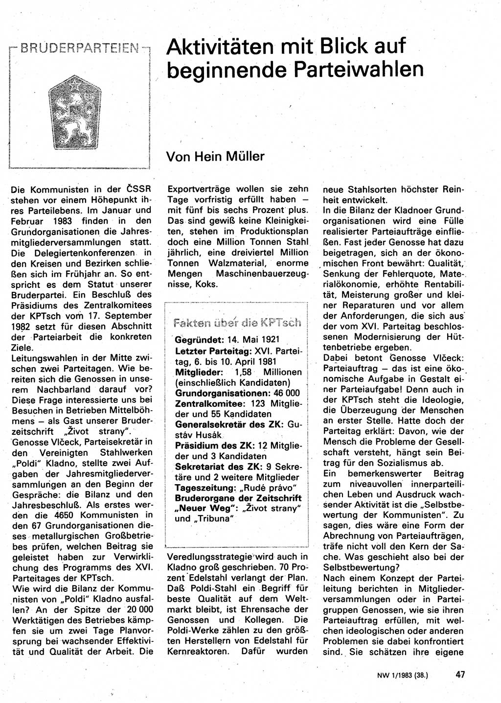 Neuer Weg (NW), Organ des Zentralkomitees (ZK) der SED (Sozialistische Einheitspartei Deutschlands) für Fragen des Parteilebens, 38. Jahrgang [Deutsche Demokratische Republik (DDR)] 1983, Seite 47 (NW ZK SED DDR 1983, S. 47)