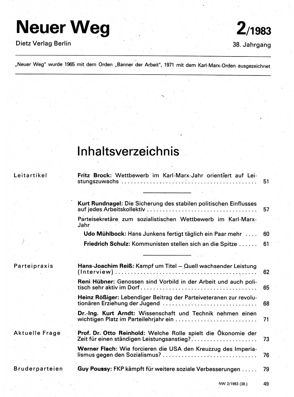 Neuer Weg (NW), Organ des Zentralkomitees (ZK) der SED (Sozialistische Einheitspartei Deutschlands) für Fragen des Parteilebens, 38. Jahrgang [Deutsche Demokratische Republik (DDR)] 1983, Seite 49 (NW ZK SED DDR 1983, S. 49)
