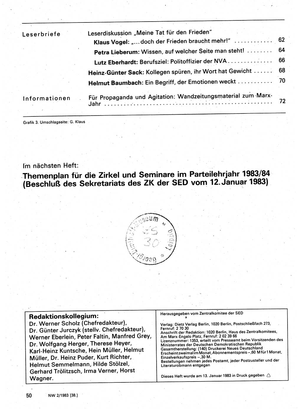 Neuer Weg (NW), Organ des Zentralkomitees (ZK) der SED (Sozialistische Einheitspartei Deutschlands) für Fragen des Parteilebens, 38. Jahrgang [Deutsche Demokratische Republik (DDR)] 1983, Seite 50 (NW ZK SED DDR 1983, S. 50)