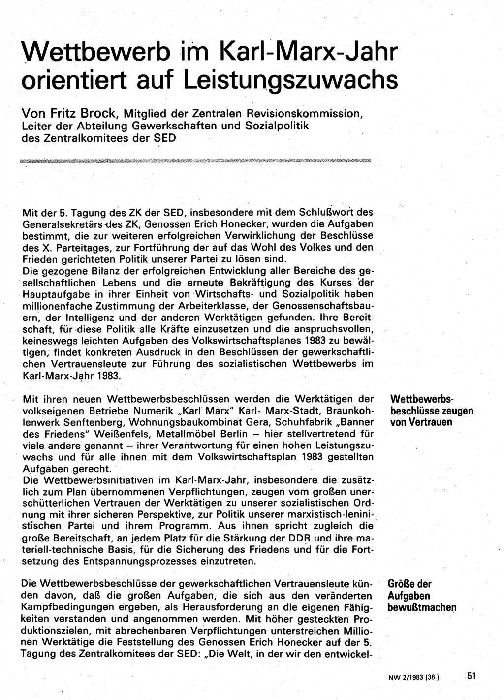 Neuer Weg (NW), Organ des Zentralkomitees (ZK) der SED (Sozialistische Einheitspartei Deutschlands) für Fragen des Parteilebens, 38. Jahrgang [Deutsche Demokratische Republik (DDR)] 1983, Seite 51 (NW ZK SED DDR 1983, S. 51)