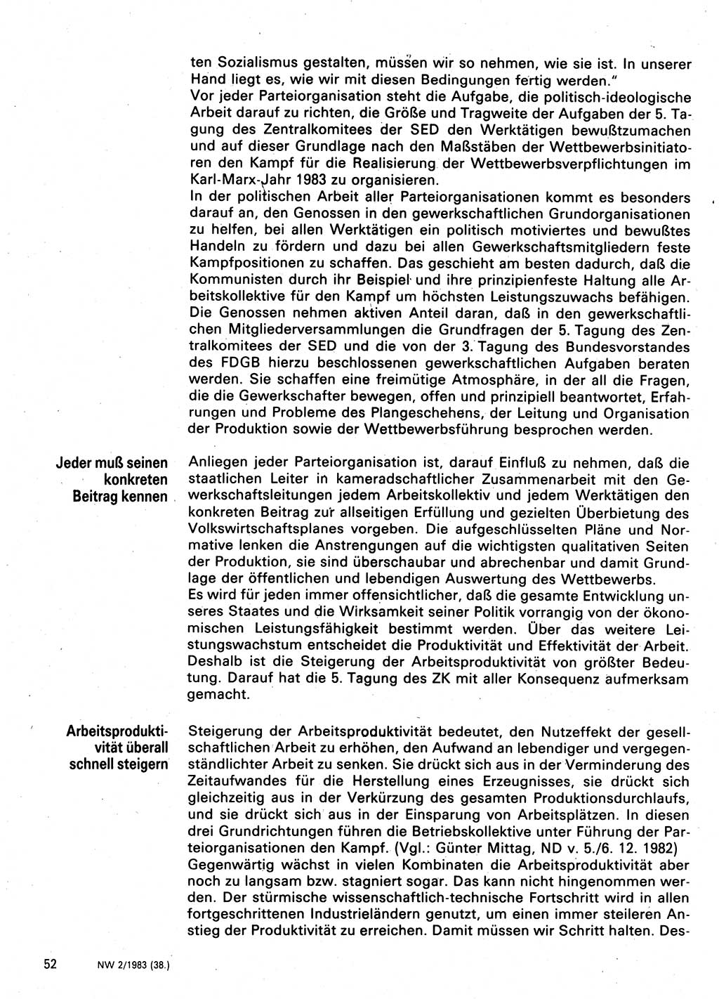 Neuer Weg (NW), Organ des Zentralkomitees (ZK) der SED (Sozialistische Einheitspartei Deutschlands) für Fragen des Parteilebens, 38. Jahrgang [Deutsche Demokratische Republik (DDR)] 1983, Seite 52 (NW ZK SED DDR 1983, S. 52)