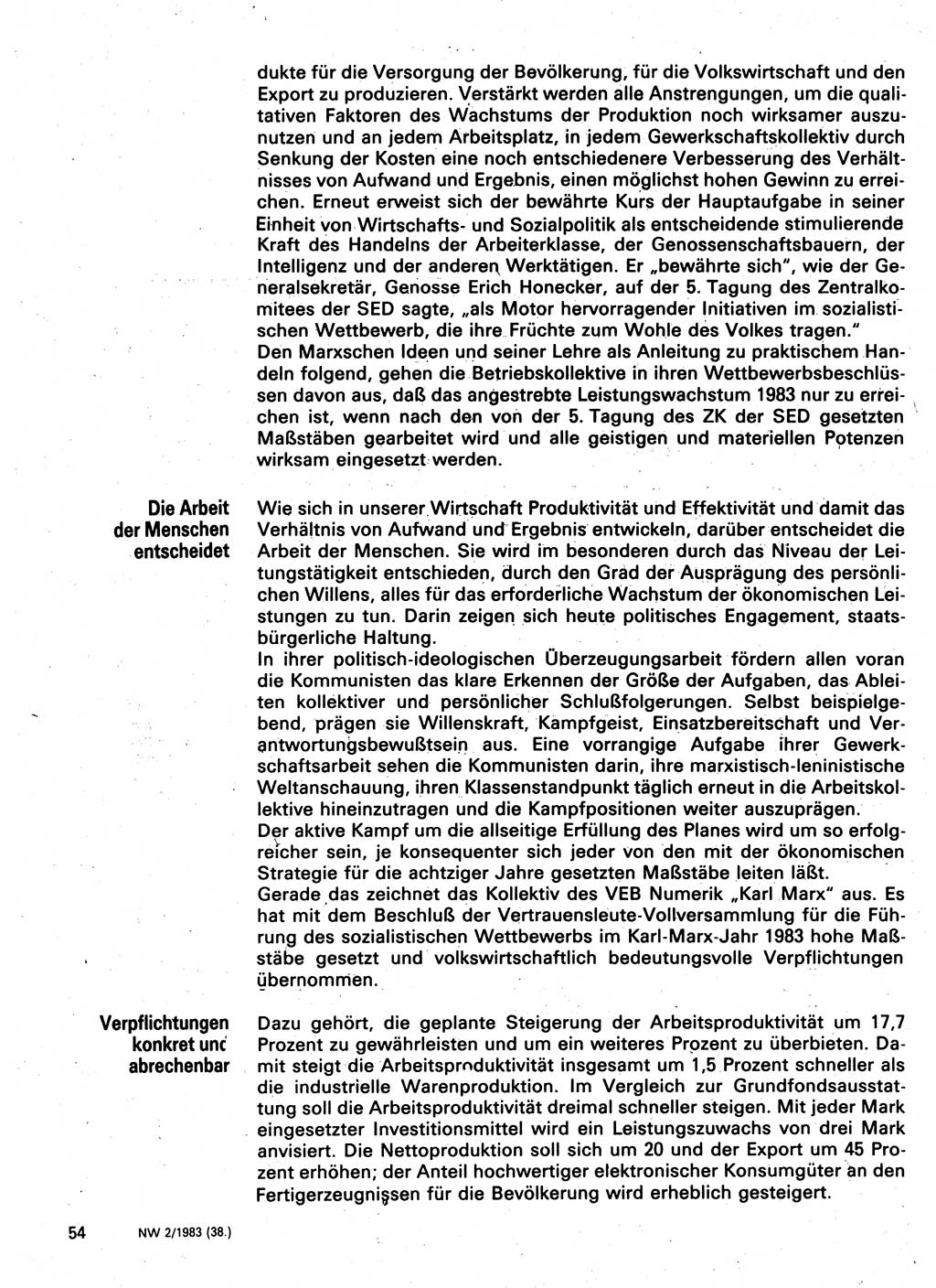 Neuer Weg (NW), Organ des Zentralkomitees (ZK) der SED (Sozialistische Einheitspartei Deutschlands) für Fragen des Parteilebens, 38. Jahrgang [Deutsche Demokratische Republik (DDR)] 1983, Seite 54 (NW ZK SED DDR 1983, S. 54)