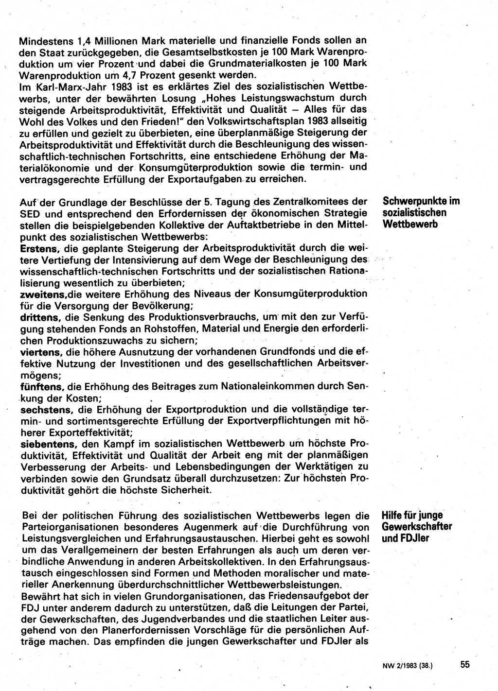 Neuer Weg (NW), Organ des Zentralkomitees (ZK) der SED (Sozialistische Einheitspartei Deutschlands) für Fragen des Parteilebens, 38. Jahrgang [Deutsche Demokratische Republik (DDR)] 1983, Seite 55 (NW ZK SED DDR 1983, S. 55)