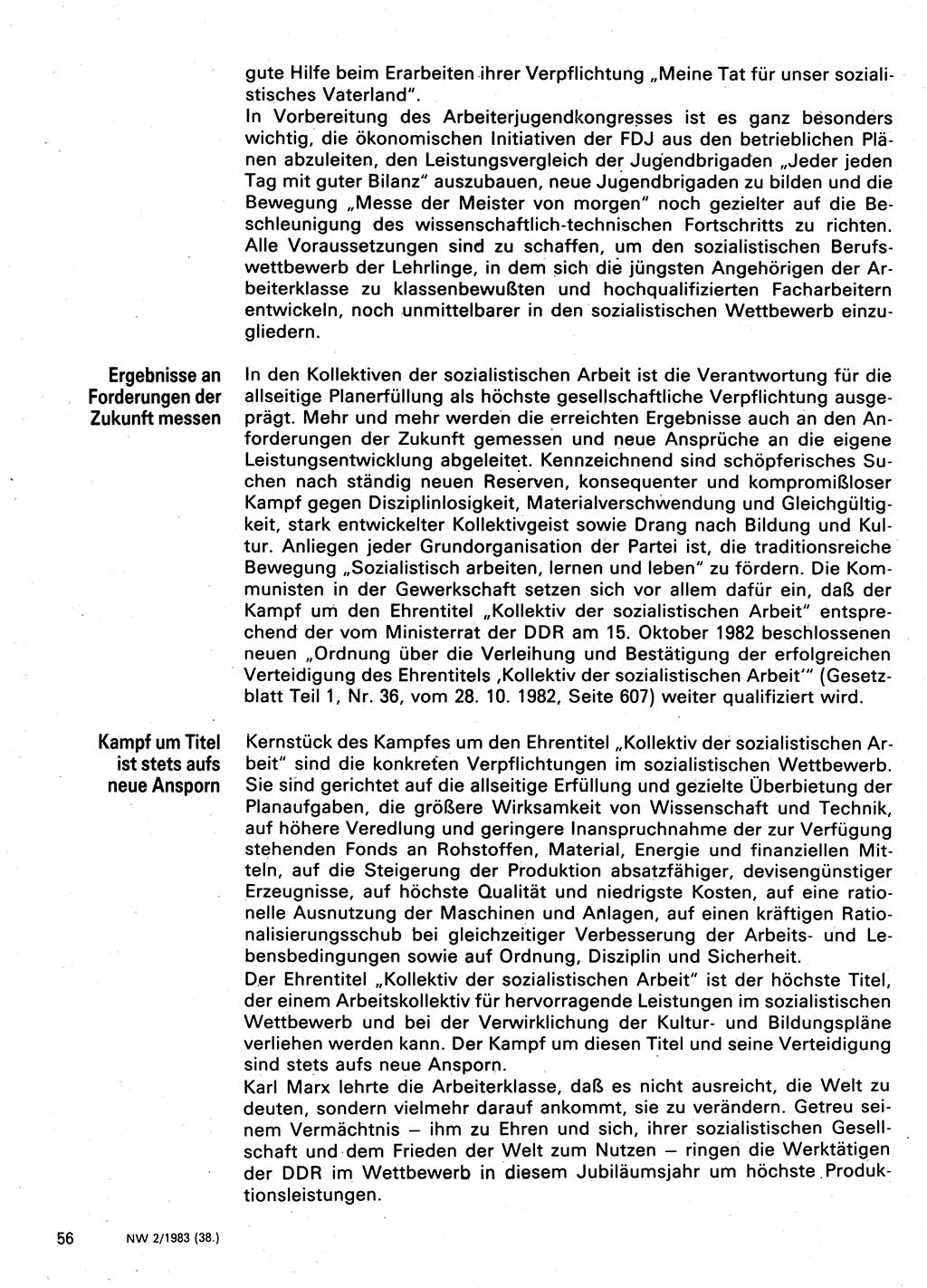 Neuer Weg (NW), Organ des Zentralkomitees (ZK) der SED (Sozialistische Einheitspartei Deutschlands) für Fragen des Parteilebens, 38. Jahrgang [Deutsche Demokratische Republik (DDR)] 1983, Seite 56 (NW ZK SED DDR 1983, S. 56)