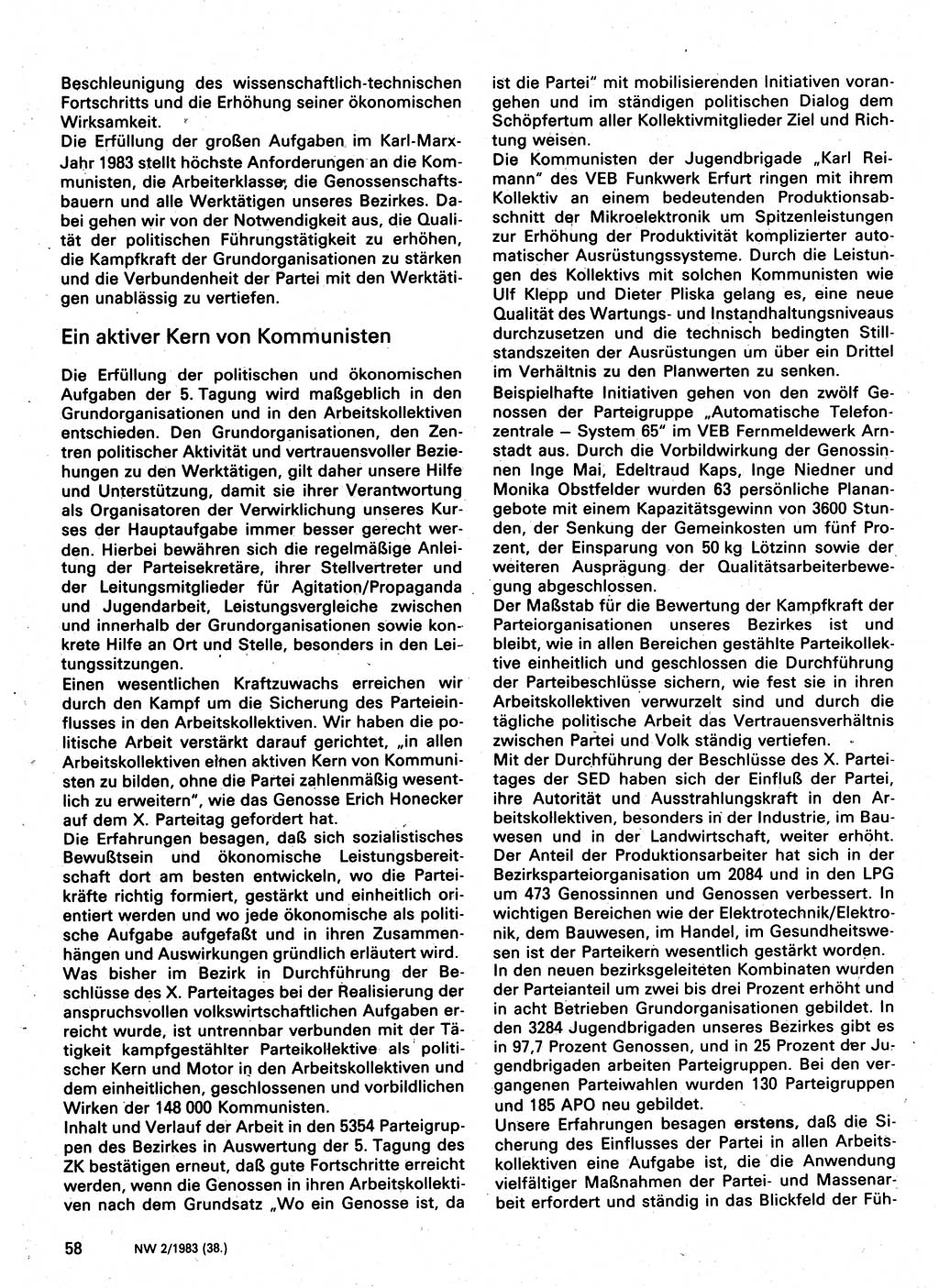 Neuer Weg (NW), Organ des Zentralkomitees (ZK) der SED (Sozialistische Einheitspartei Deutschlands) für Fragen des Parteilebens, 38. Jahrgang [Deutsche Demokratische Republik (DDR)] 1983, Seite 58 (NW ZK SED DDR 1983, S. 58)