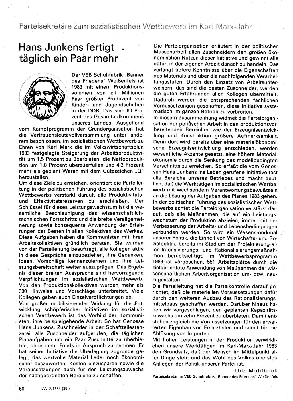 Neuer Weg (NW), Organ des Zentralkomitees (ZK) der SED (Sozialistische Einheitspartei Deutschlands) für Fragen des Parteilebens, 38. Jahrgang [Deutsche Demokratische Republik (DDR)] 1983, Seite 60 (NW ZK SED DDR 1983, S. 60)