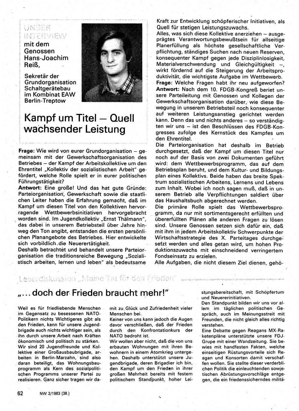 Neuer Weg (NW), Organ des Zentralkomitees (ZK) der SED (Sozialistische Einheitspartei Deutschlands) für Fragen des Parteilebens, 38. Jahrgang [Deutsche Demokratische Republik (DDR)] 1983, Seite 62 (NW ZK SED DDR 1983, S. 62)