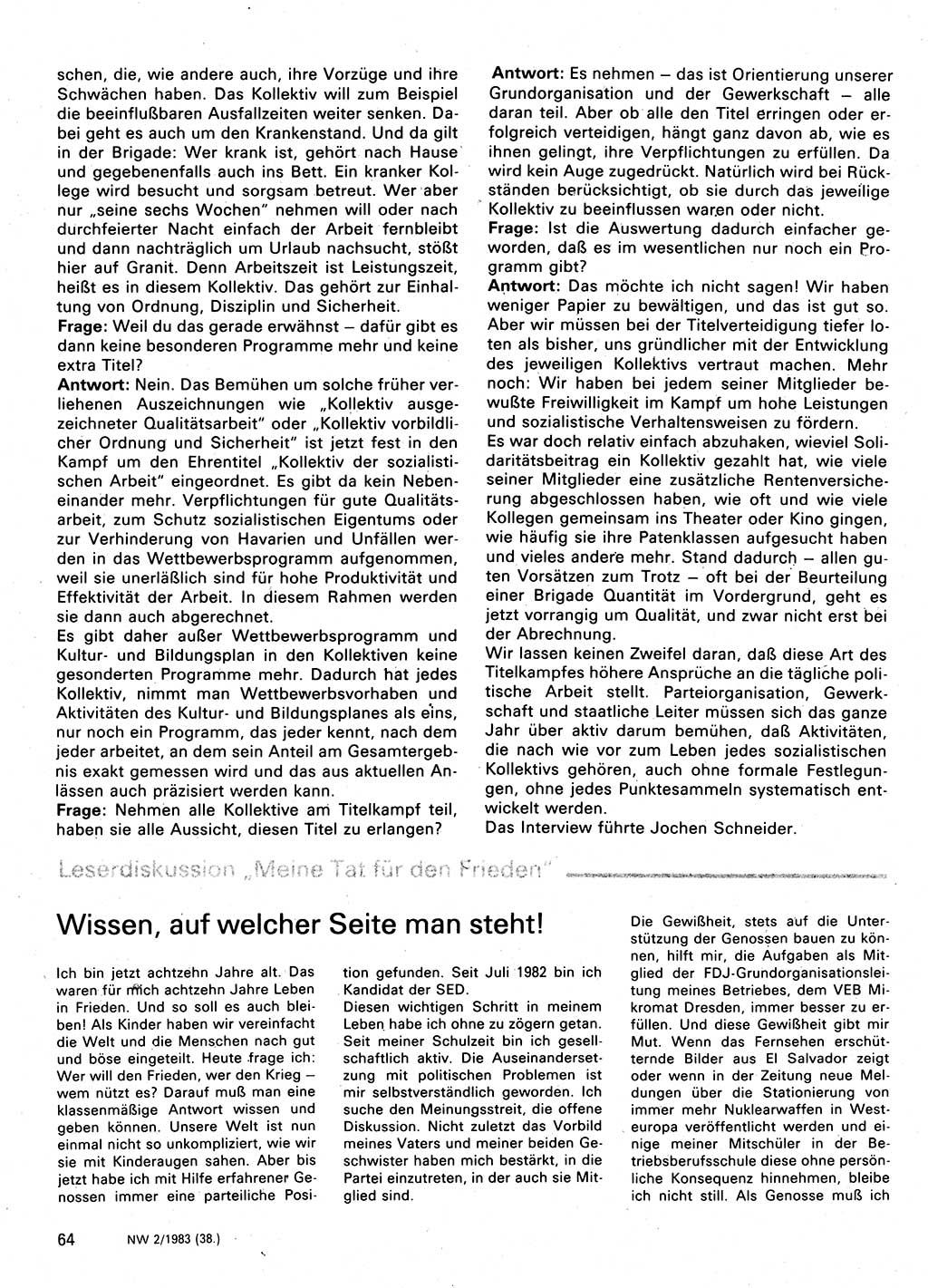 Neuer Weg (NW), Organ des Zentralkomitees (ZK) der SED (Sozialistische Einheitspartei Deutschlands) für Fragen des Parteilebens, 38. Jahrgang [Deutsche Demokratische Republik (DDR)] 1983, Seite 64 (NW ZK SED DDR 1983, S. 64)